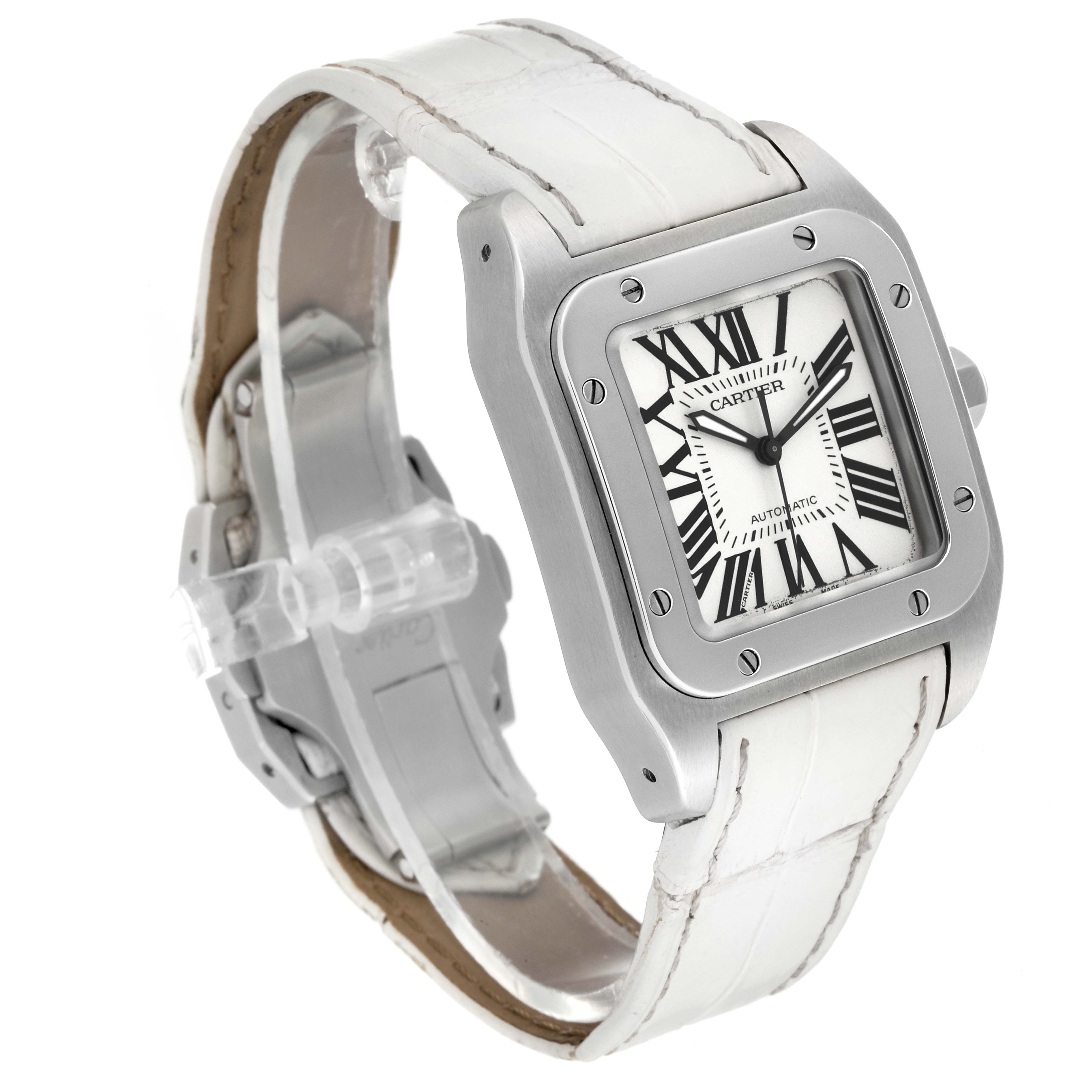 The image shows a Cartier Santos W20106X8 Men
s Stainless Steel Silver Dial W20106X8 Men
s Stainless Steel Silver Dial watch at a three-quarter angle, highlighting the dial, bezel, and white leather strap.