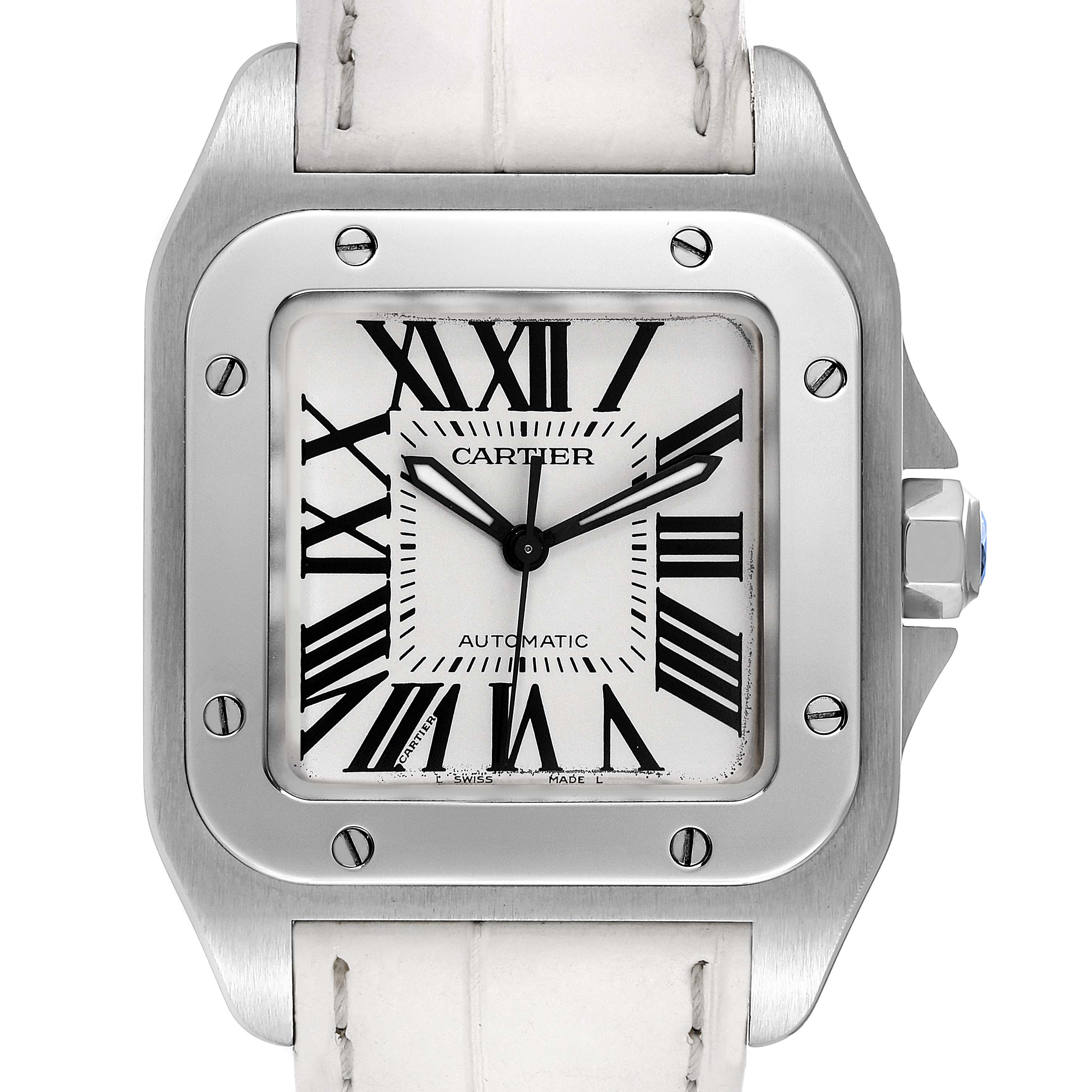 The image shows a close-up of the dial and bezel of a Cartier Santos W20106X8 Men
s Stainless Steel Silver Dial W20106X8 Men
s Stainless Steel Silver Dial watch, highlighting its Roman numerals and screw details.