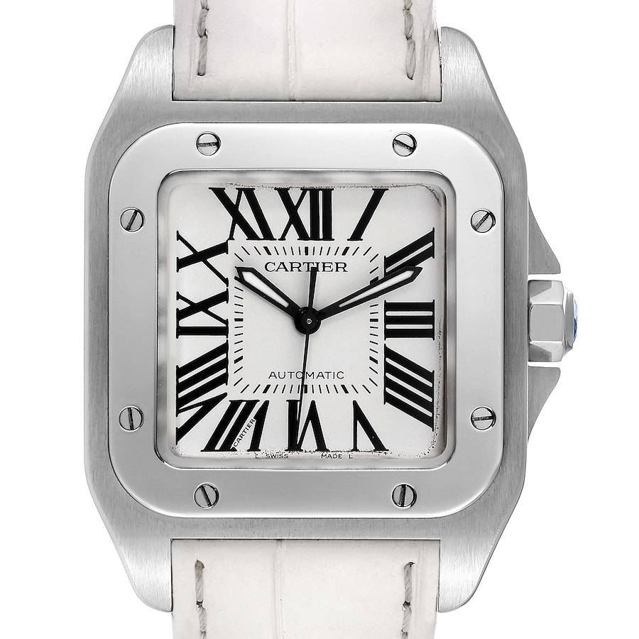 Cartier Santos 100 Steel Midsize White Strap Mens Watch W20106X8 SwissWatchExpo