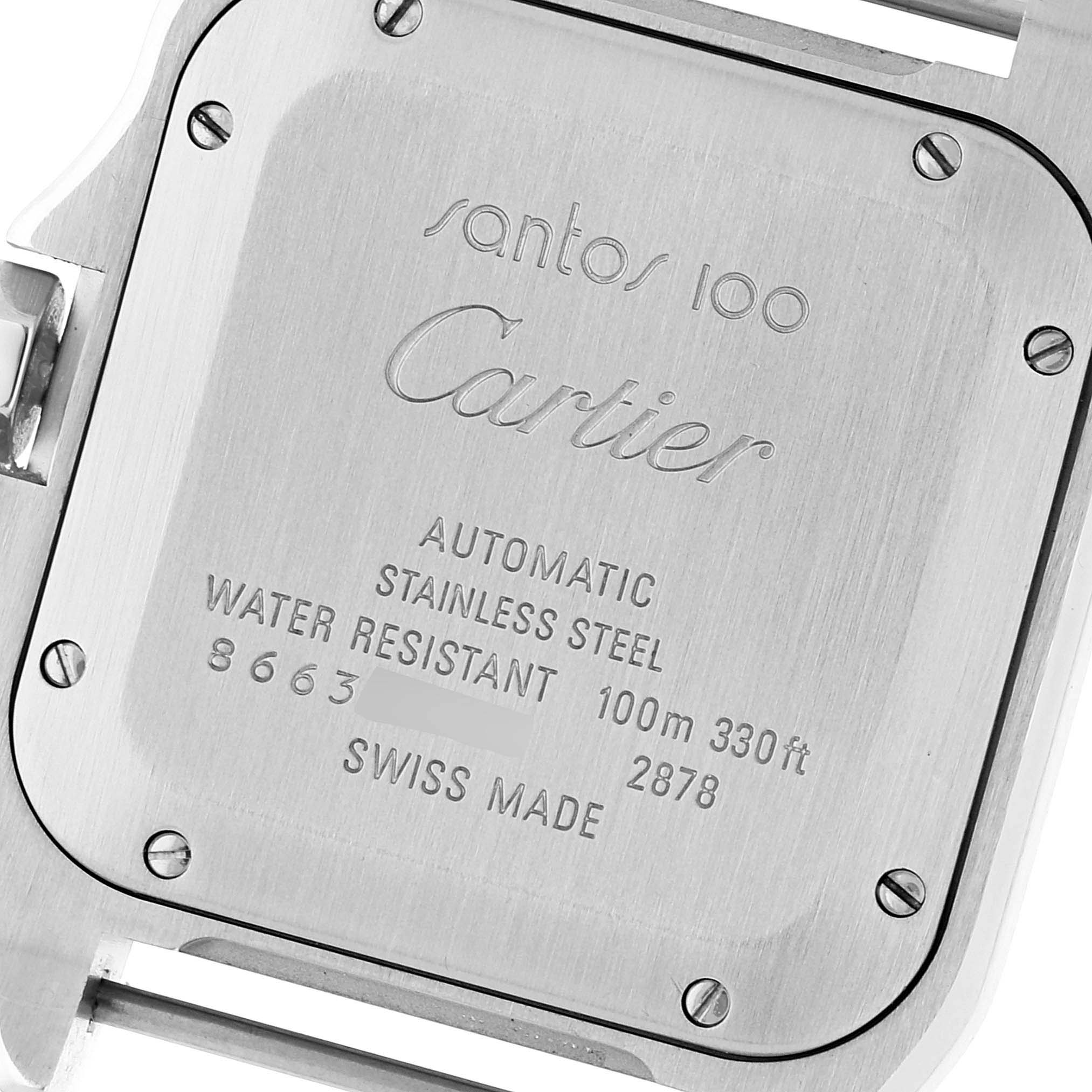 This image shows the back casing of a Cartier Santos W20106X8 Men
s Stainless Steel Silver Dial W20106X8 Men
s Stainless Steel Silver Dial 100 watch, detailing its specifications and engravings.