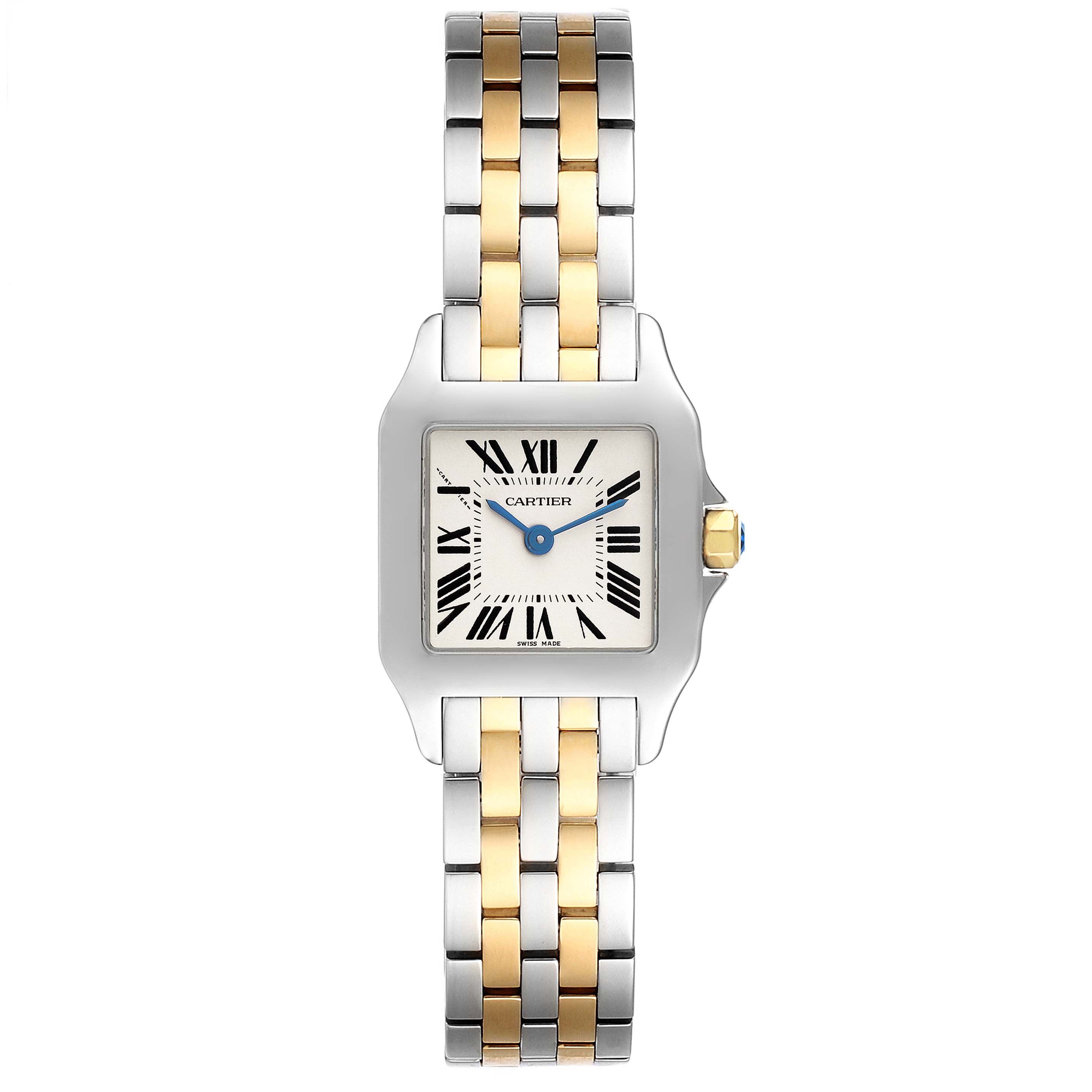 This image shows a front view of the Cartier Santos Demoiselle W25066Z6 Women
s Stainless Steel Silver Dial W25066Z6 Women
s Stainless Steel Silver Dial watch, displaying its square face and two-tone bracelet.