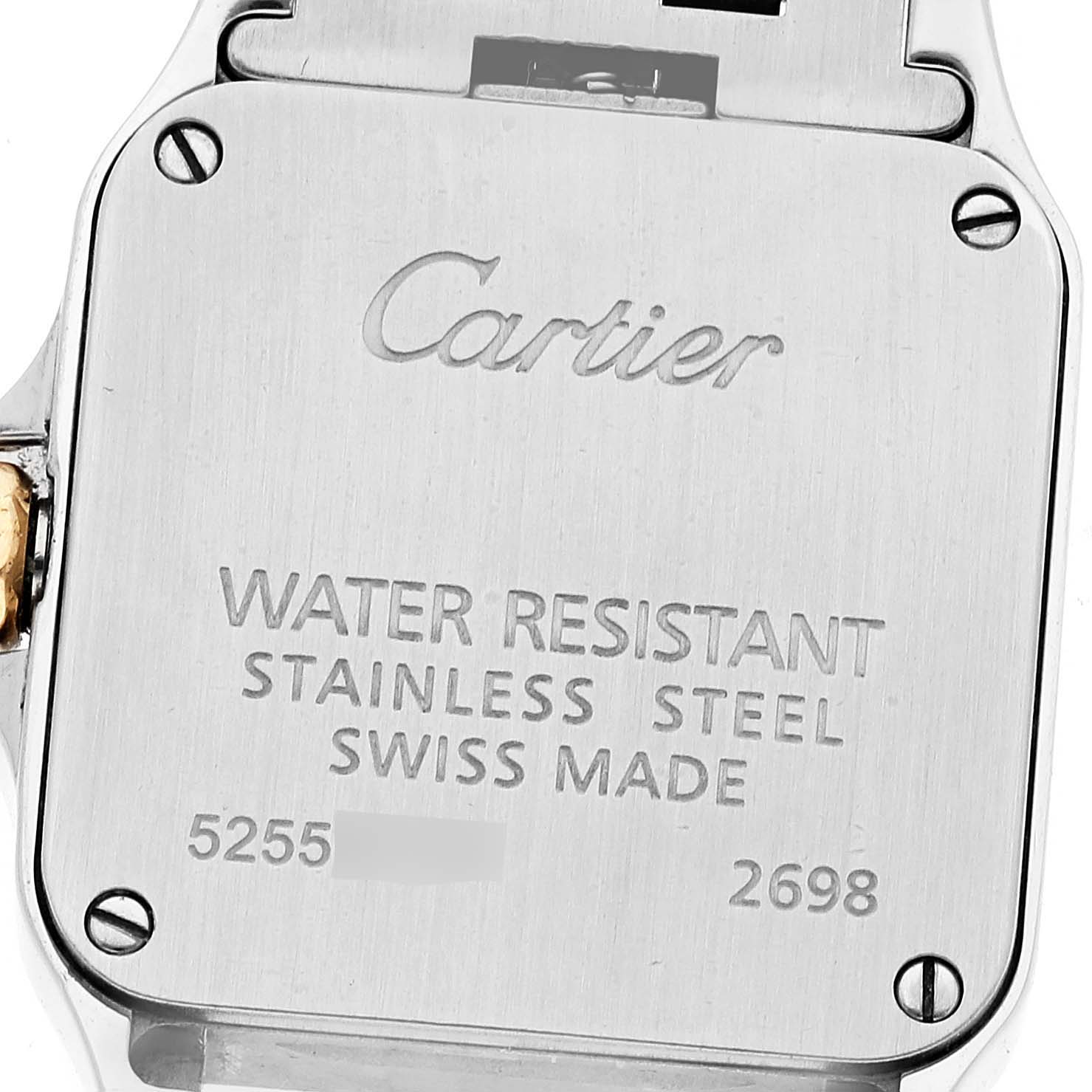 The image shows the back case of the Cartier Santos Demoiselle W25066Z6 Women
s Stainless Steel Silver Dial W25066Z6 Women
s Stainless Steel Silver Dial watch, highlighting its water resistance and material details.