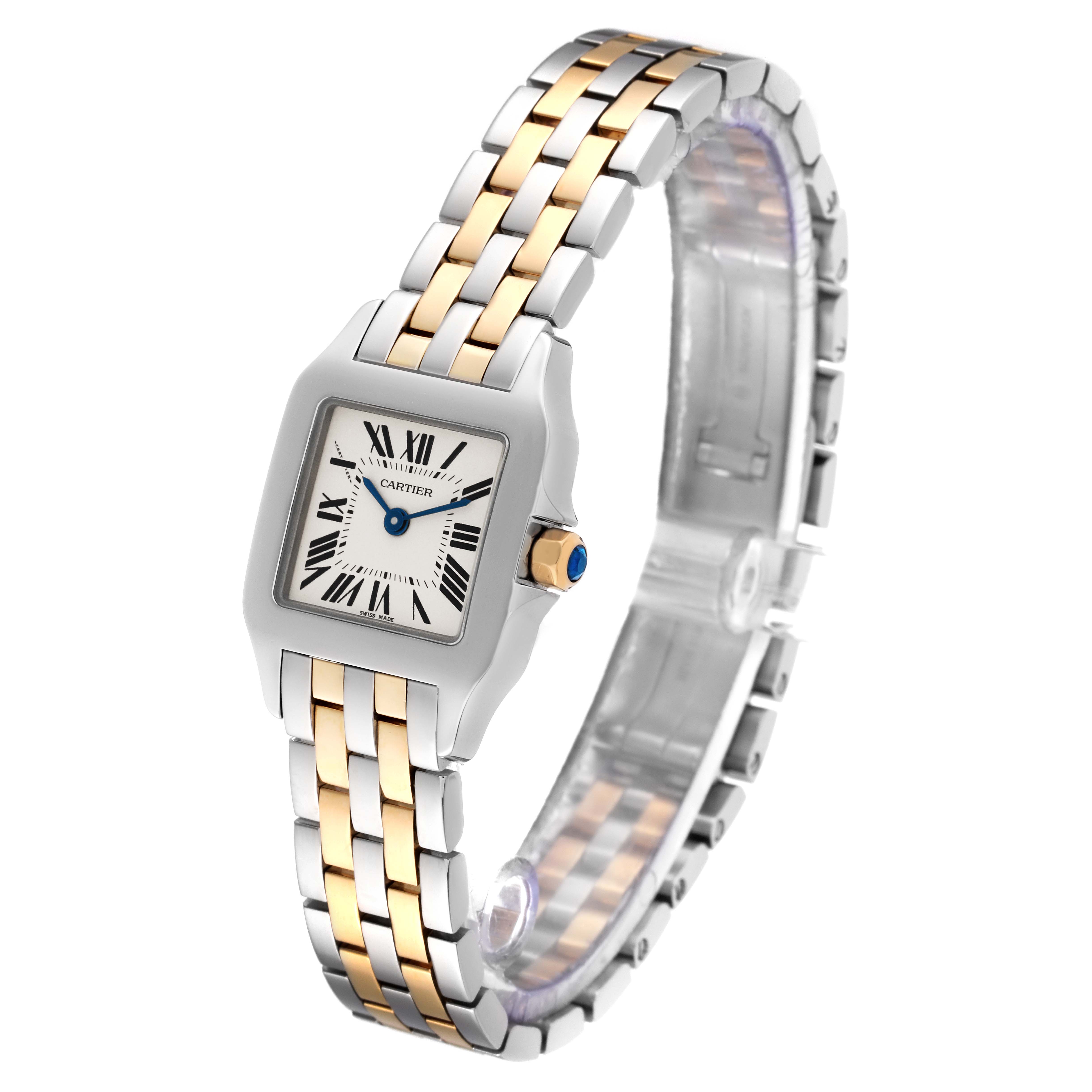 The image shows a Cartier Santos Demoiselle W25066Z6 Women
s Stainless Steel Silver Dial W25066Z6 Women
s Stainless Steel Silver Dial watch angled to display its face and two-tone metal bracelet.
