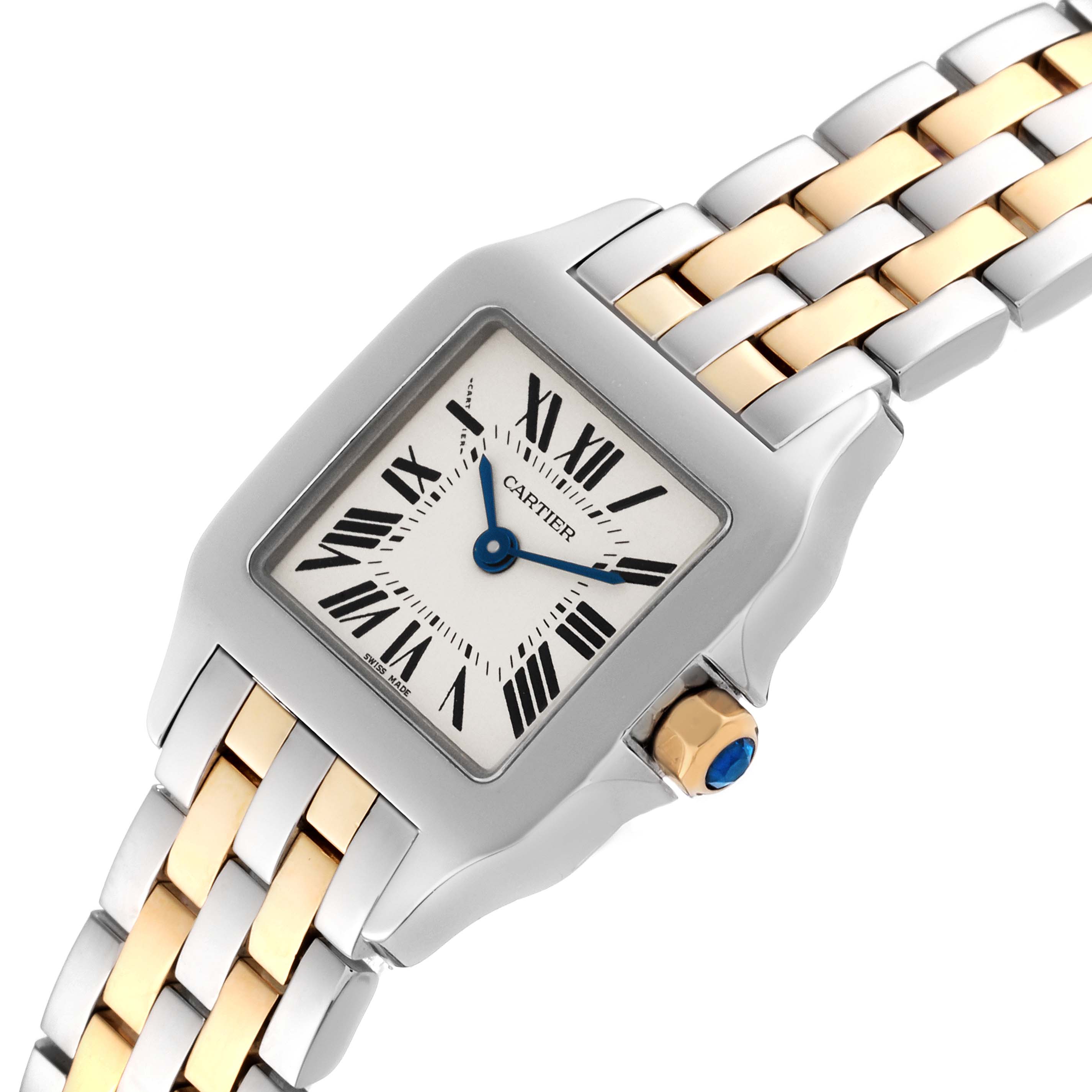 This image shows a Cartier Santos Demoiselle W25066Z6 Women
s Stainless Steel Silver Dial W25066Z6 Women
s Stainless Steel Silver Dial watch with a close-up of its face, bezel, and two-tone bracelet.