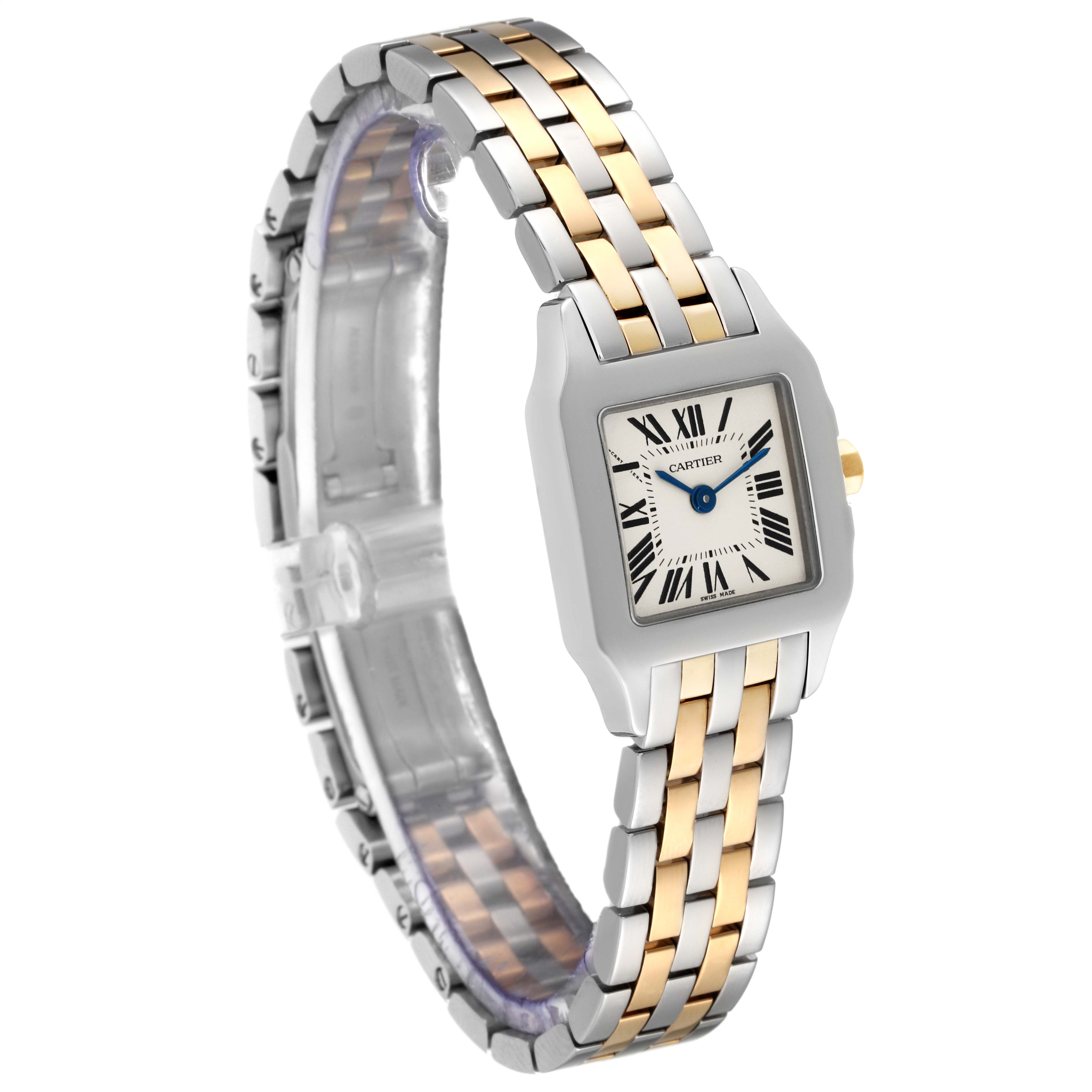 The image shows a side angle of the Cartier Santos Demoiselle W25066Z6 Women
s Stainless Steel Silver Dial W25066Z6 Women
s Stainless Steel Silver Dial watch, highlighting its two-tone bracelet and rectangular dial.