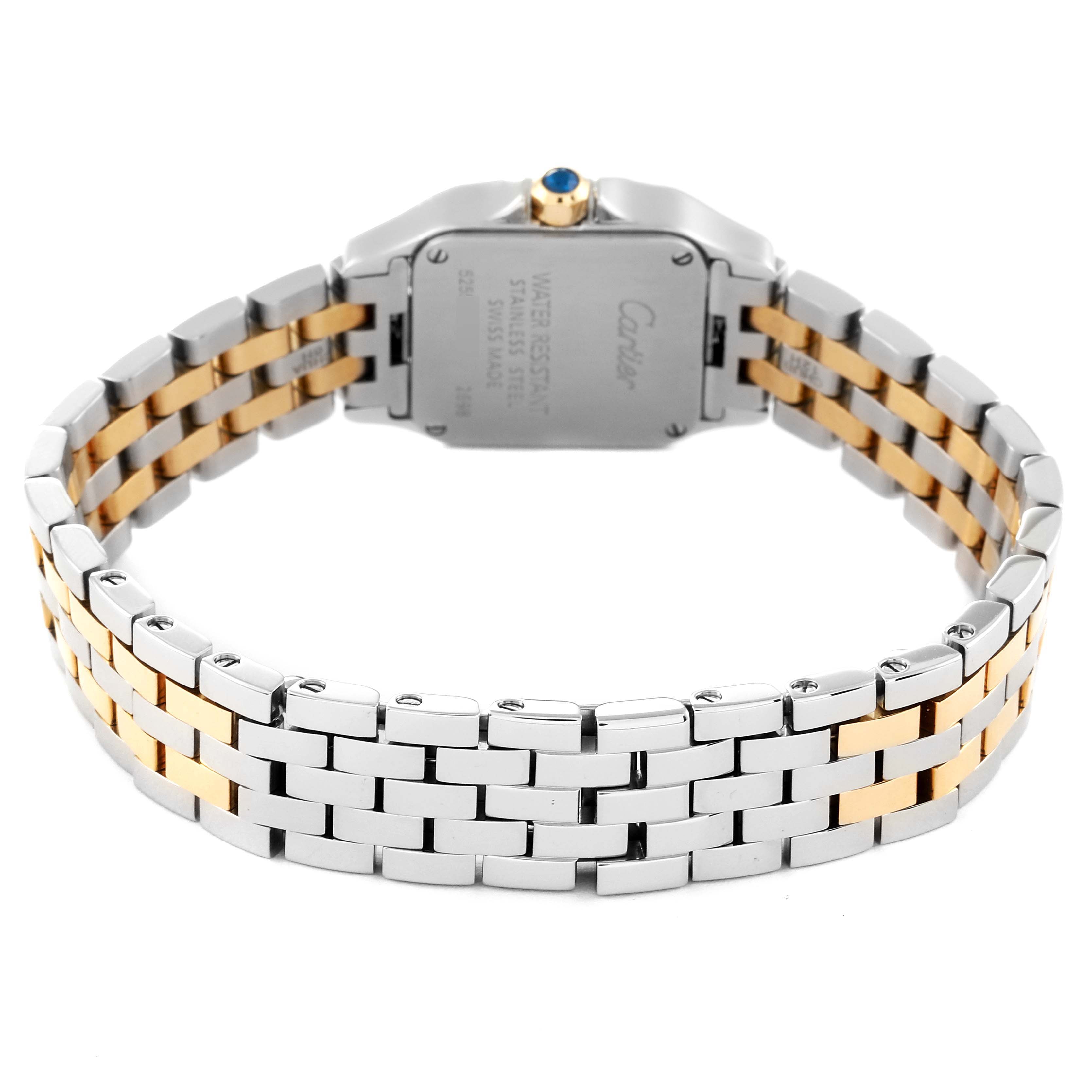 The image shows the back view of the Santos Demoiselle watch by Cartier, highlighting the clasp and bracelet.