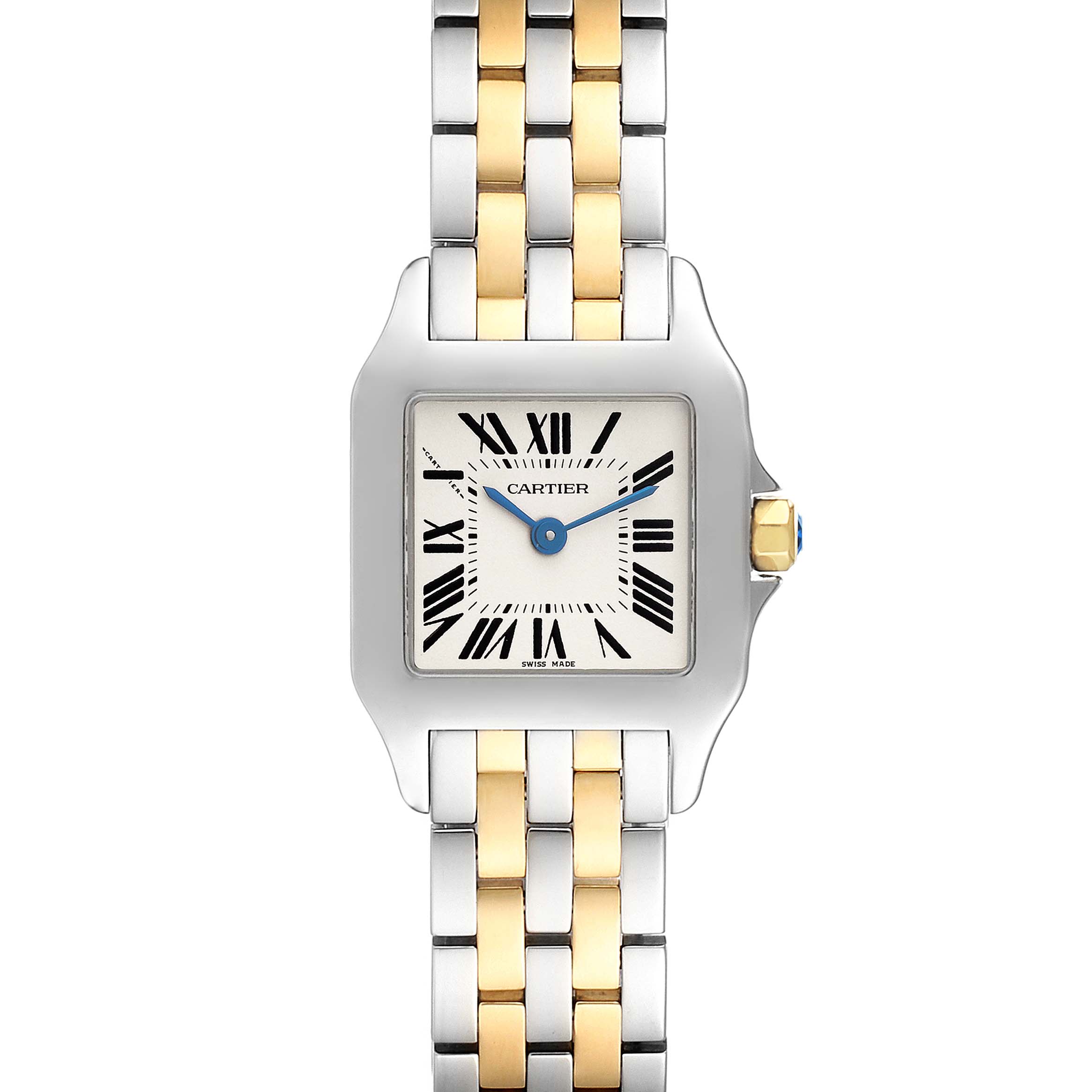 The image shows a front view of the Cartier Santos Demoiselle W25066Z6 Women
s Stainless Steel Silver Dial W25066Z6 Women
s Stainless Steel Silver Dial watch, highlighting its two-tone bracelet and square dial with Roman numerals.