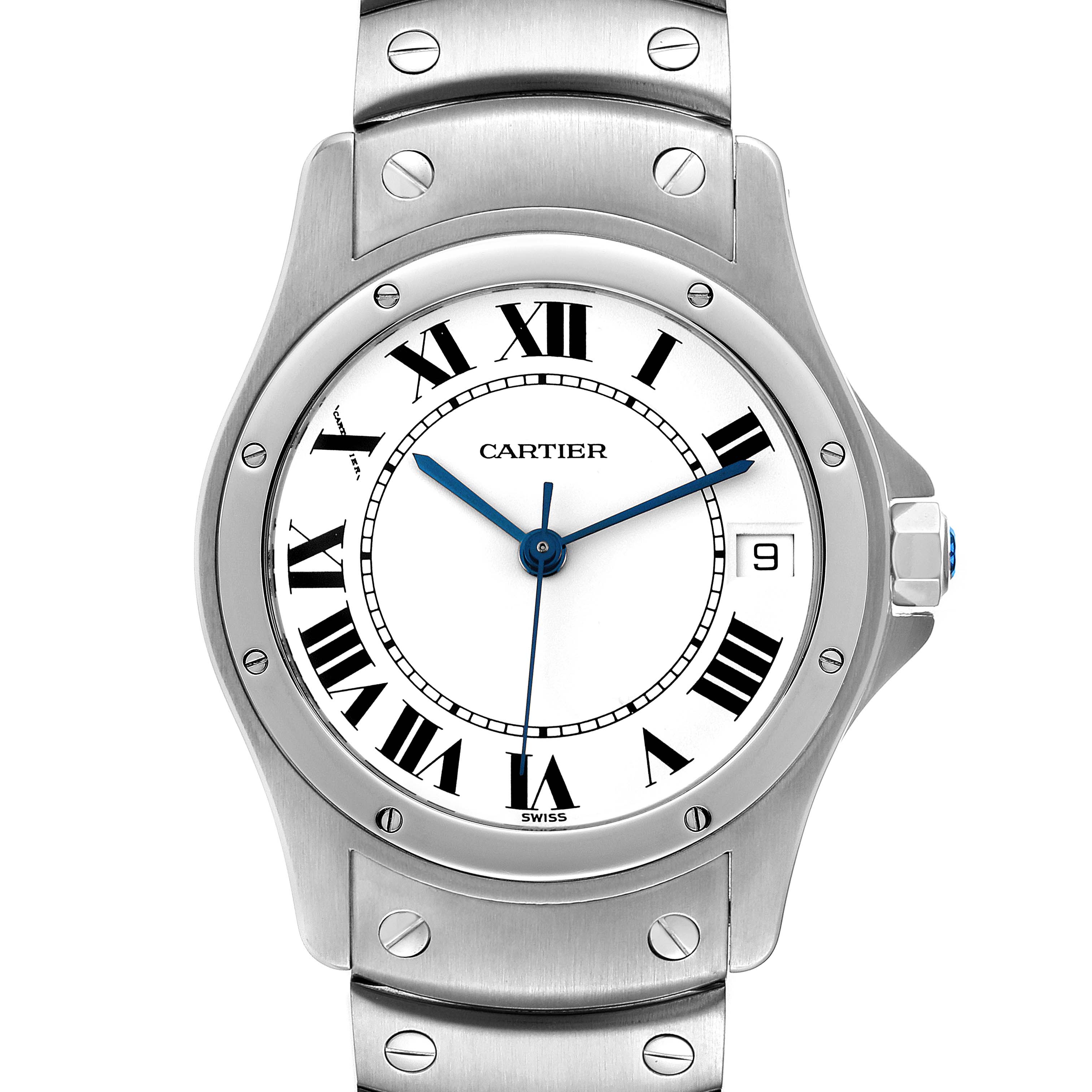 This image shows a frontal view of the Santos model by Cartier, highlighting the watch face, bracelet, and bezel.