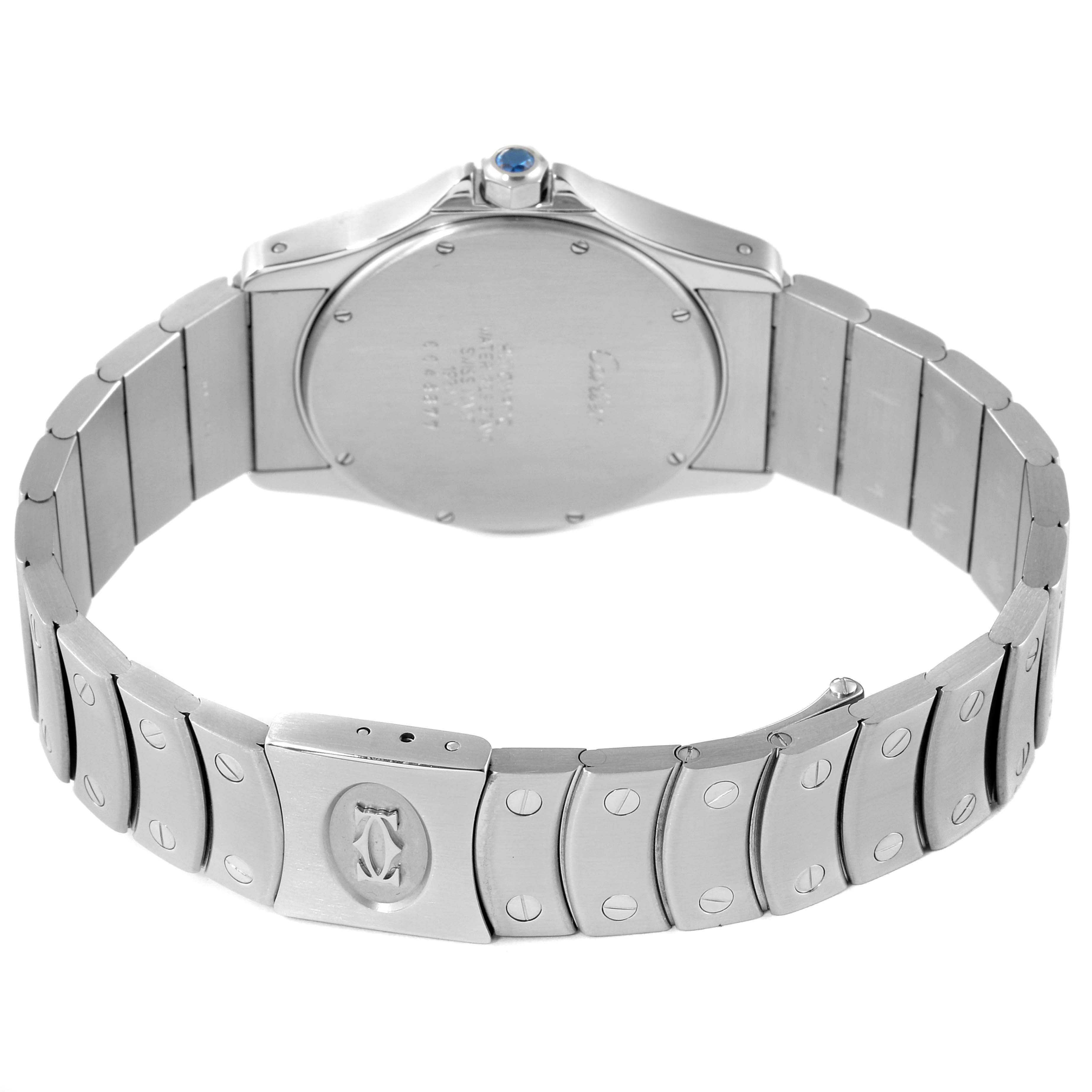 The image shows the back view of a Santos model by Cartier, highlighting the case back and the bracelet.
