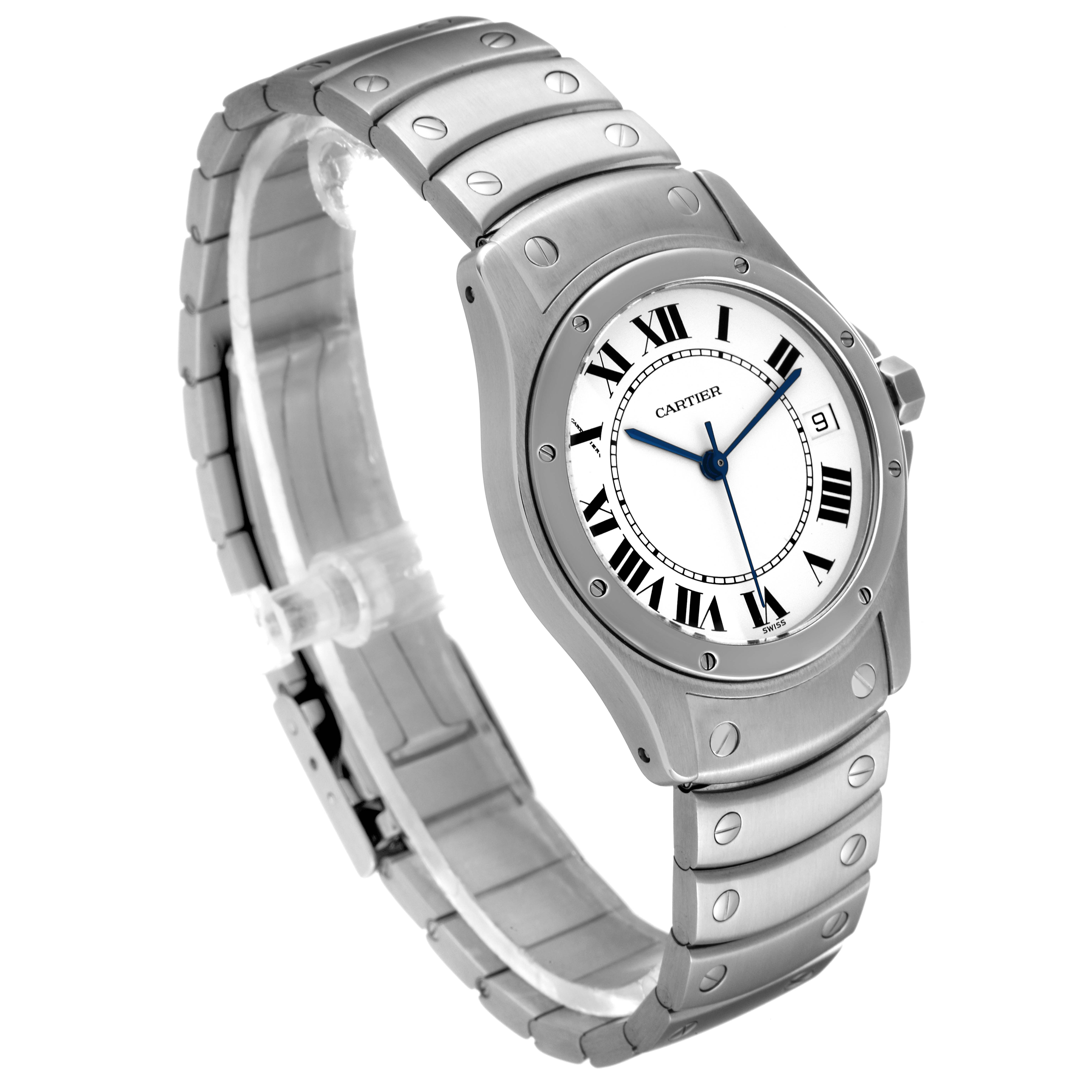 The Cartier Santos W20026K1 Men's Stainless Steel White Dial W20026K1 Men's Stainless Steel White Dial model watch is shown at an angled view, displaying its face, bracelet, and bezel with visible screws.
