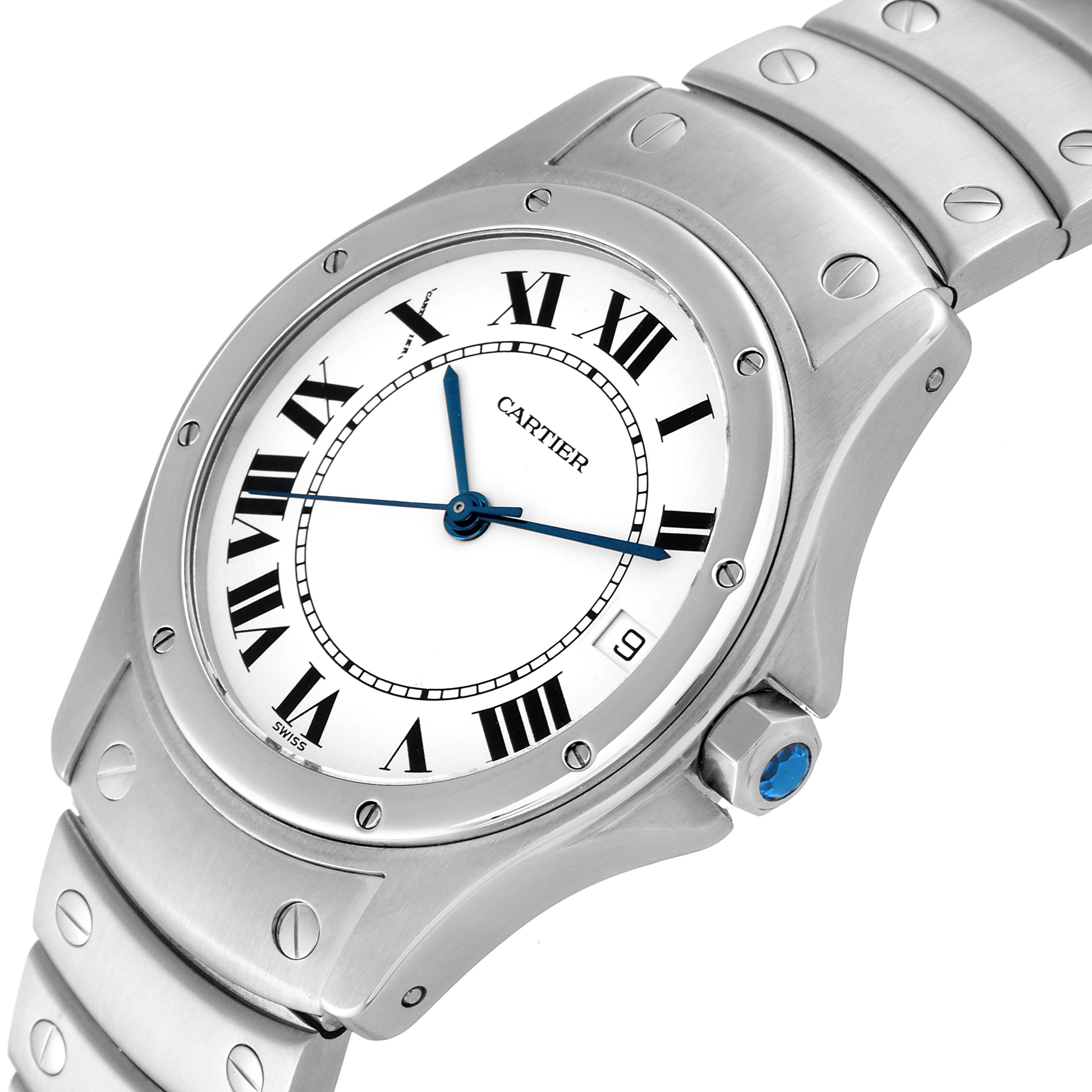 The image shows a Cartier Santos W20026K1 Men's Stainless Steel White Dial W20026K1 Men's Stainless Steel White Dial watch from an angled top view, focusing on the dial, bezel, and part of the bracelet.