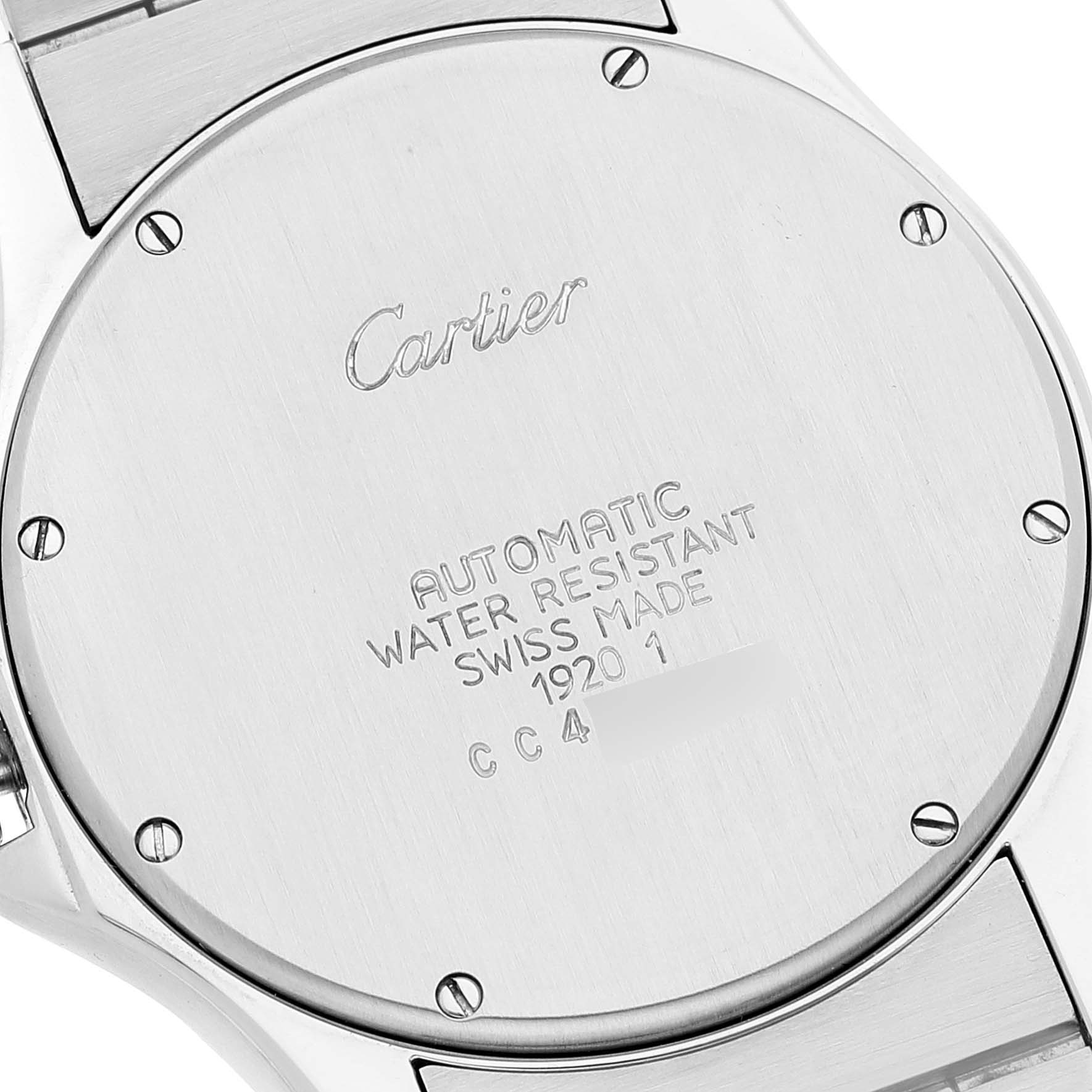 This image shows the back case of a Cartier Santos W20026K1 Men's Stainless Steel White Dial W20026K1 Men's Stainless Steel White Dial watch, featuring engravings and screws.