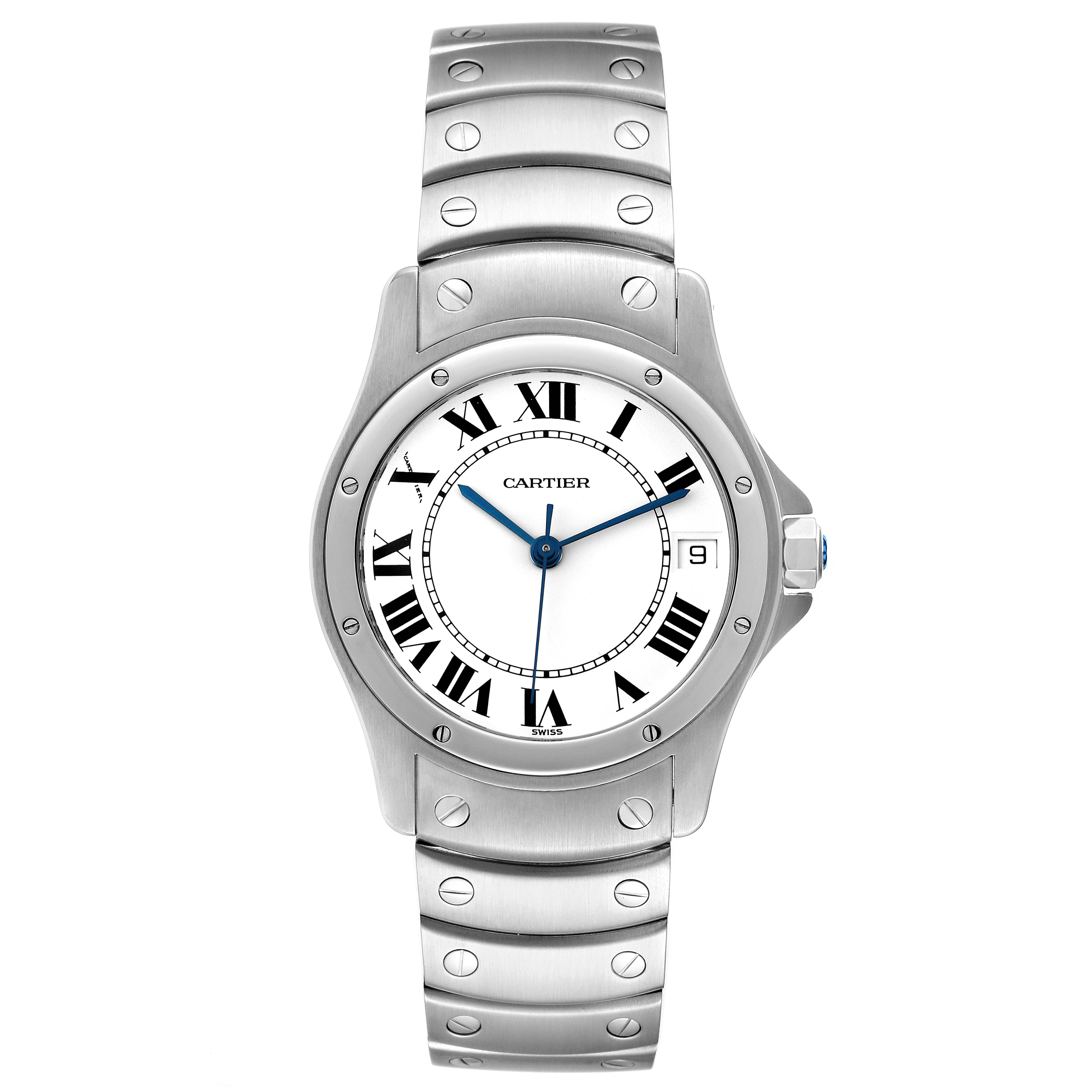 The image shows a frontal view of the Cartier Santos W20026K1 Men's Stainless Steel White Dial W20026K1 Men's Stainless Steel White Dial watch, highlighting its face, bracelet, and stainless steel design.