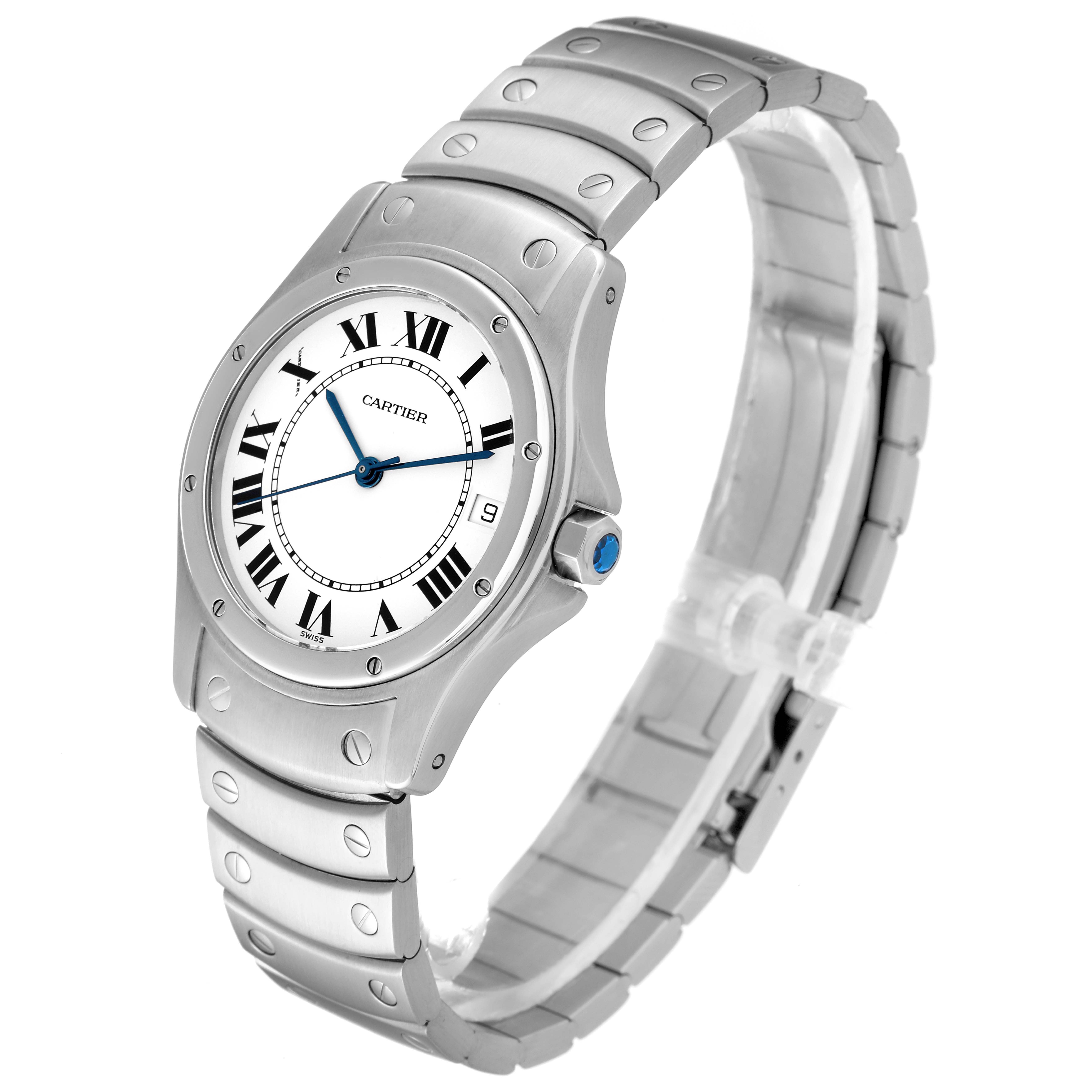 The image shows a Santos de Cartier watch at a three-quarter angle, highlighting the face, bezel, and bracelet.