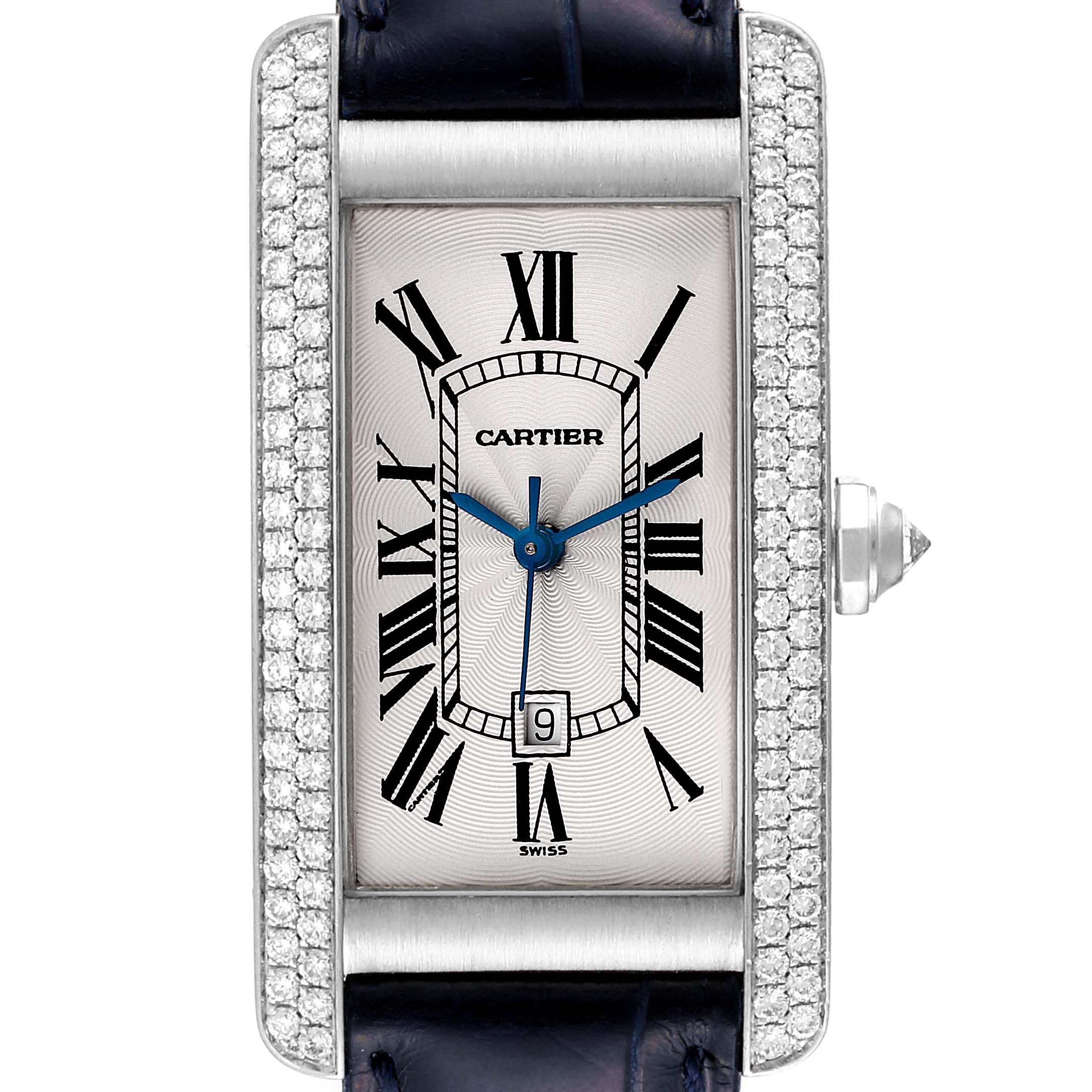 This image shows a frontal view of the Cartier Tank Americaine 1726 Women's White Gold Silver Dial 1726 Women's White Gold Silver Dial watch, displaying its dial, hands, Roman numerals, and bejeweled case.