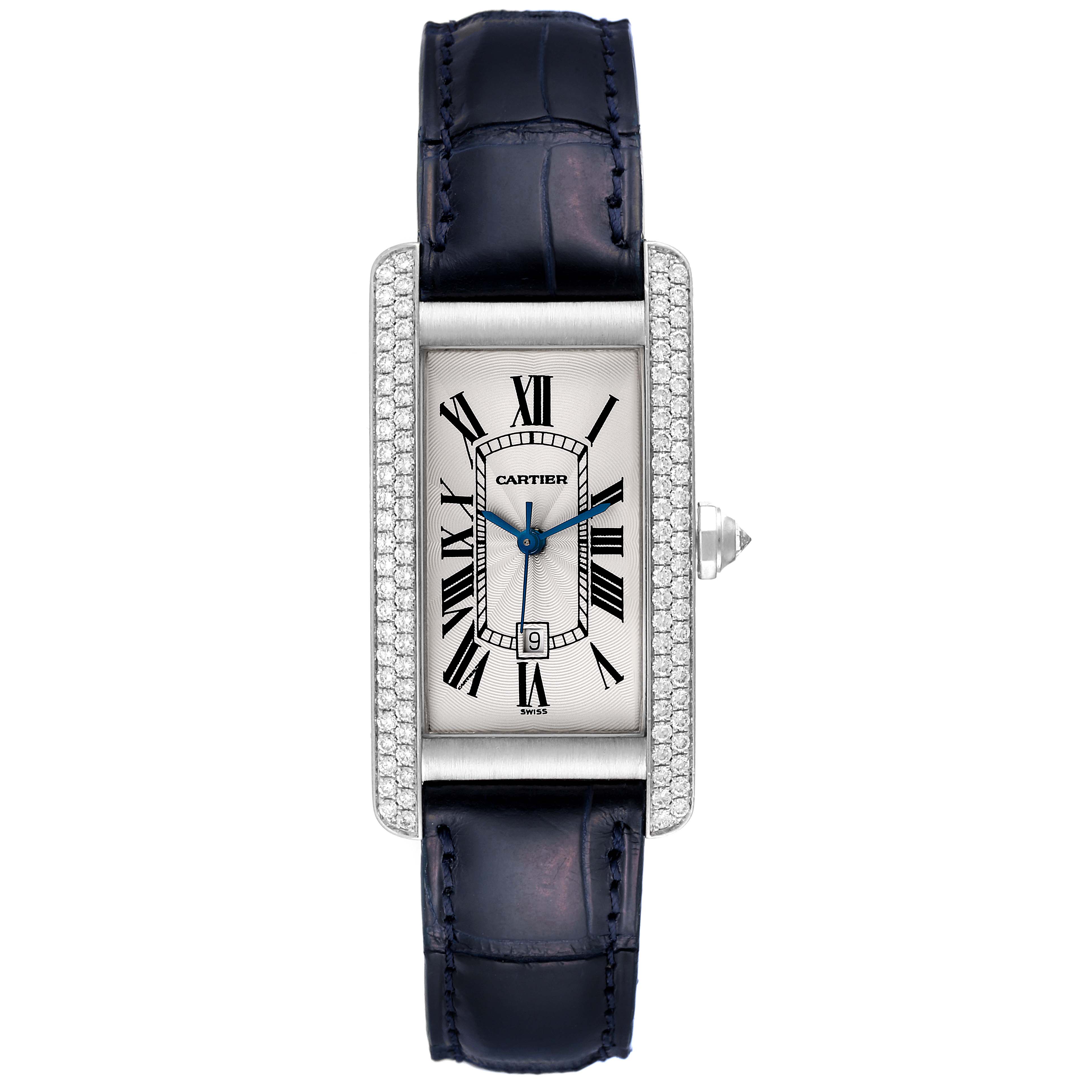 The Cartier Tank Americaine 1726 Women's White Gold Silver Dial 1726 Women's White Gold Silver Dial watch is shown from a front angle, displaying its rectangular face, leather strap, and diamond-set bezel.