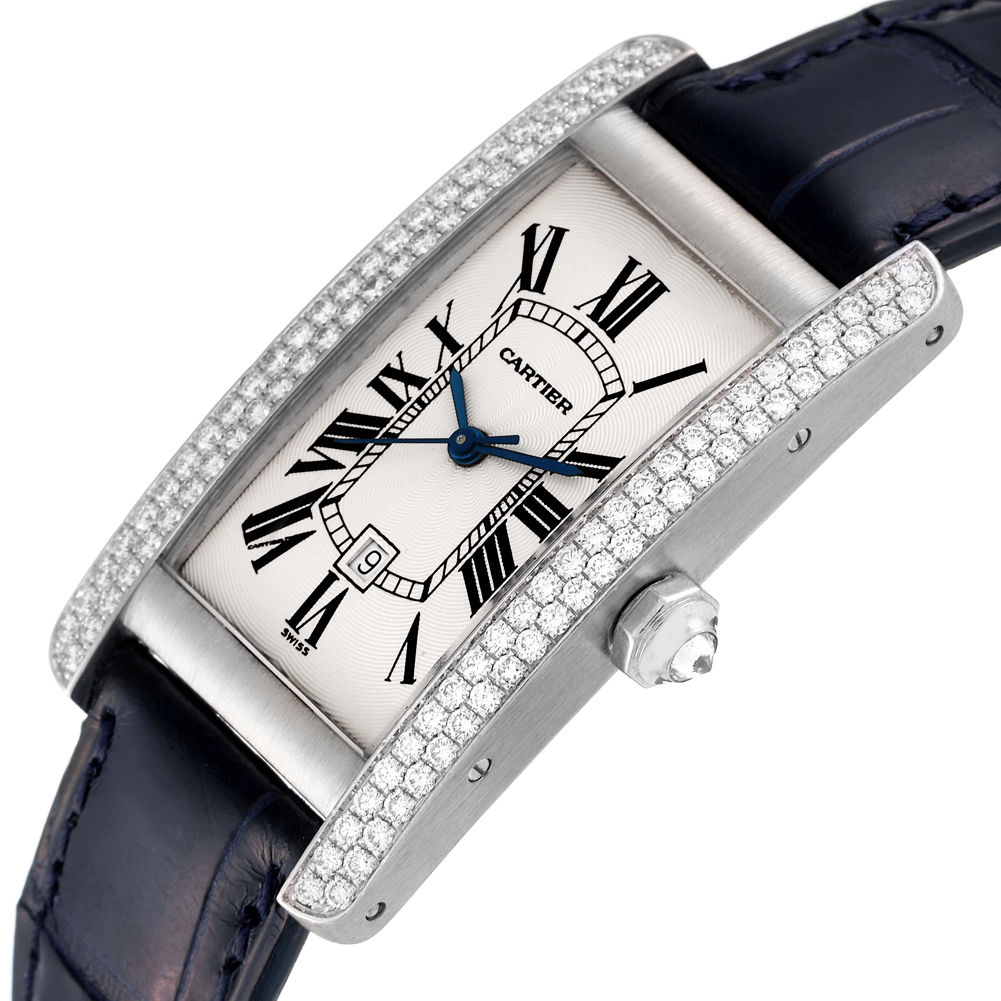 This image shows a Cartier Tank Americaine 1726 Women's White Gold Silver Dial 1726 Women's White Gold Silver Dial watch from a top angle, highlighting its diamond bezel and side crown.