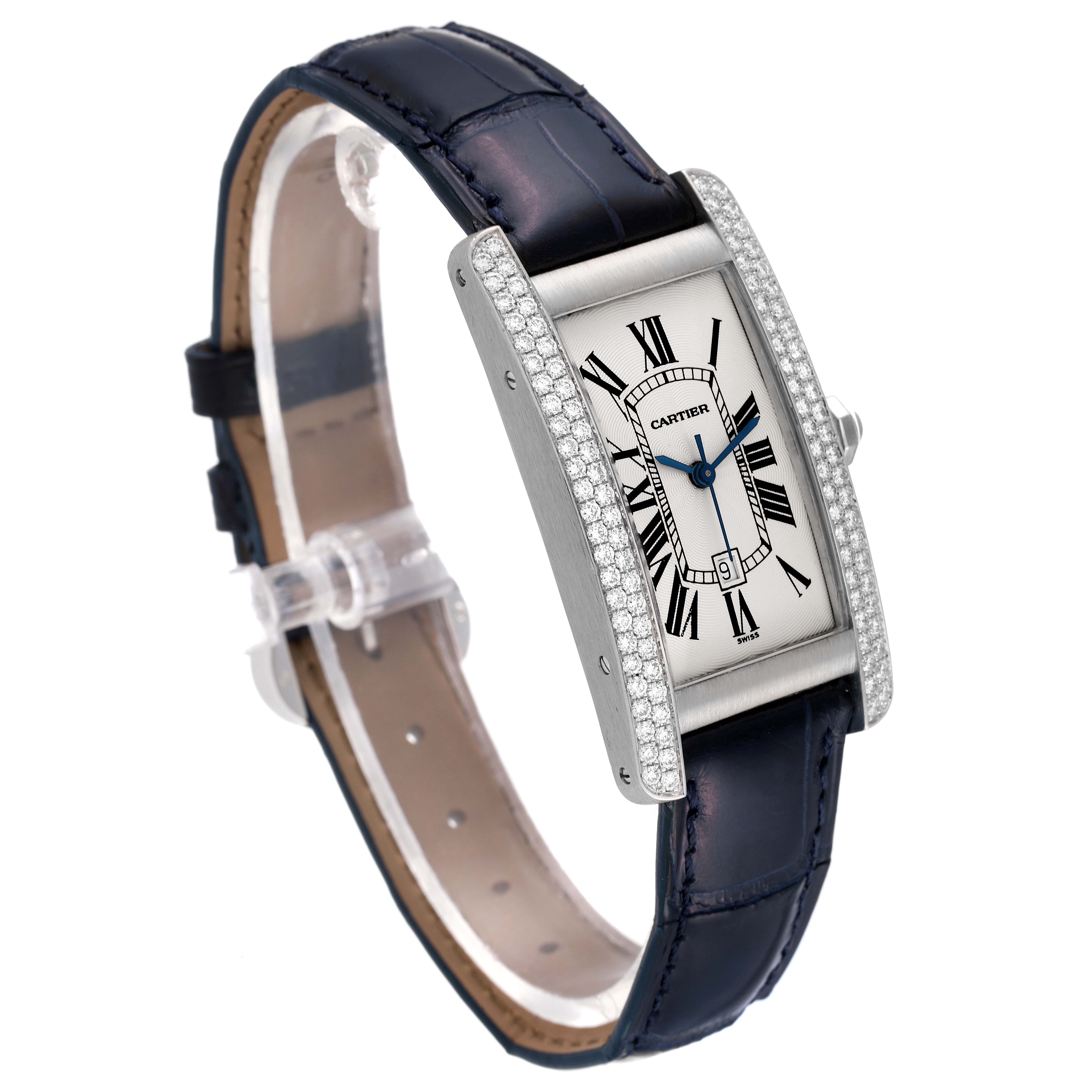 The Cartier Tank Americaine 1726 Women's White Gold Silver Dial 1726 Women's White Gold Silver Dial watch is shown at a three-quarter angle, highlighting the face, strap, and side details.