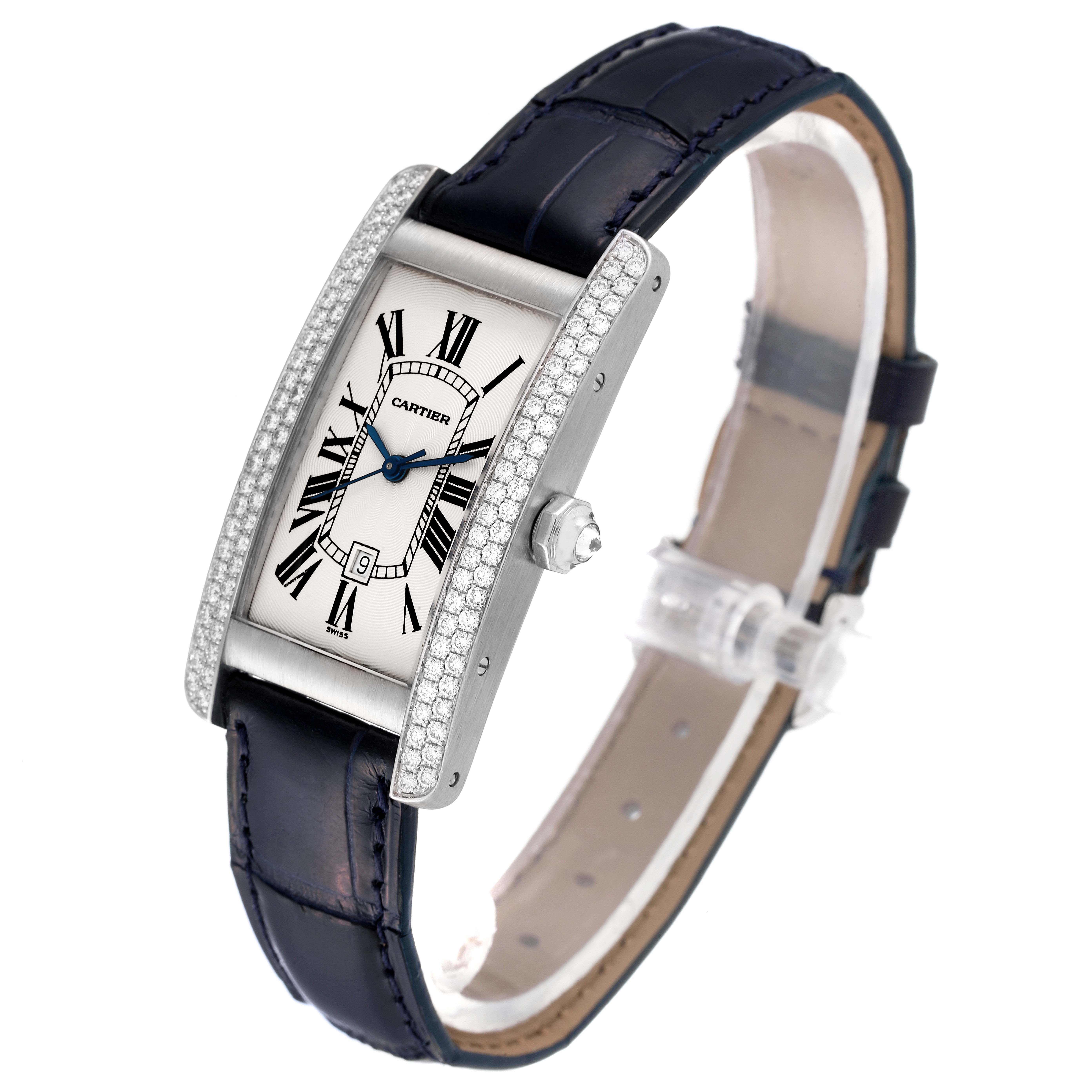 The image shows a Cartier Tank Americaine 1726 Women's White Gold Silver Dial 1726 Women's White Gold Silver Dial watch at a three-quarter angle, highlighting its face, bezel, and leather strap.