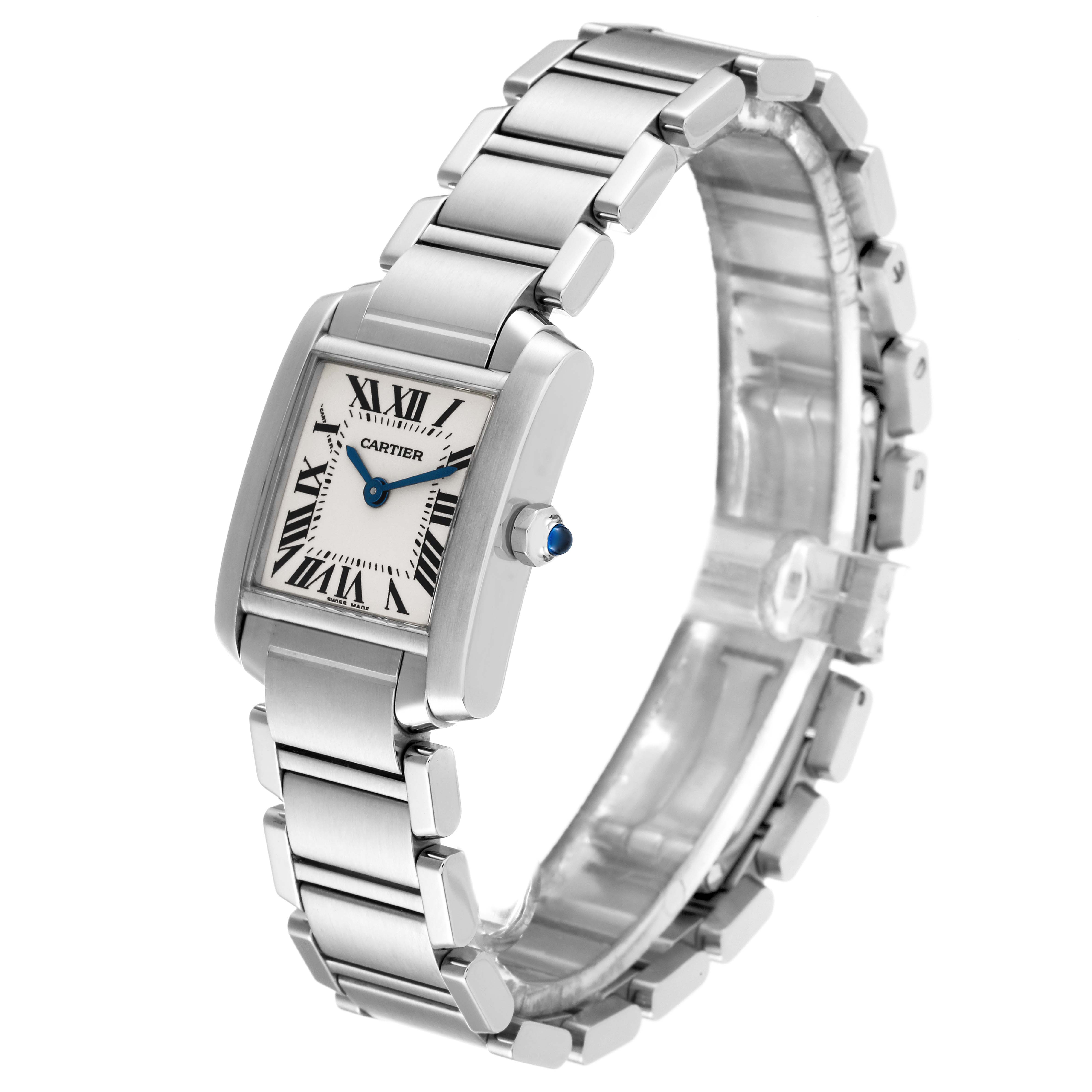 The image shows a Cartier Tank Française watch at a three-quarter angle, highlighting its silver bracelet and rectangular face.