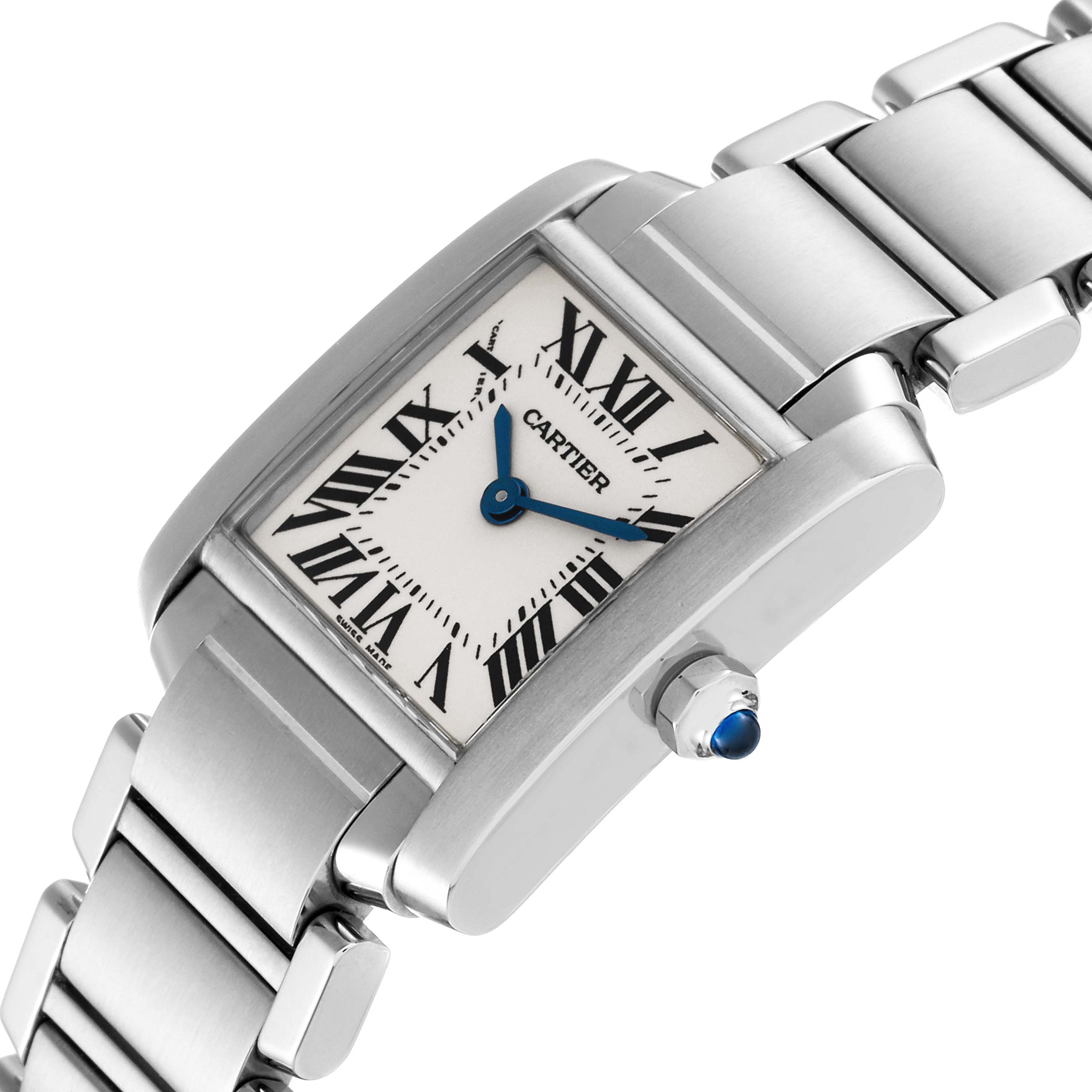 This image shows a close-up side angle of the Cartier Tank Française watch, highlighting the bracelet, bezel, and crown.