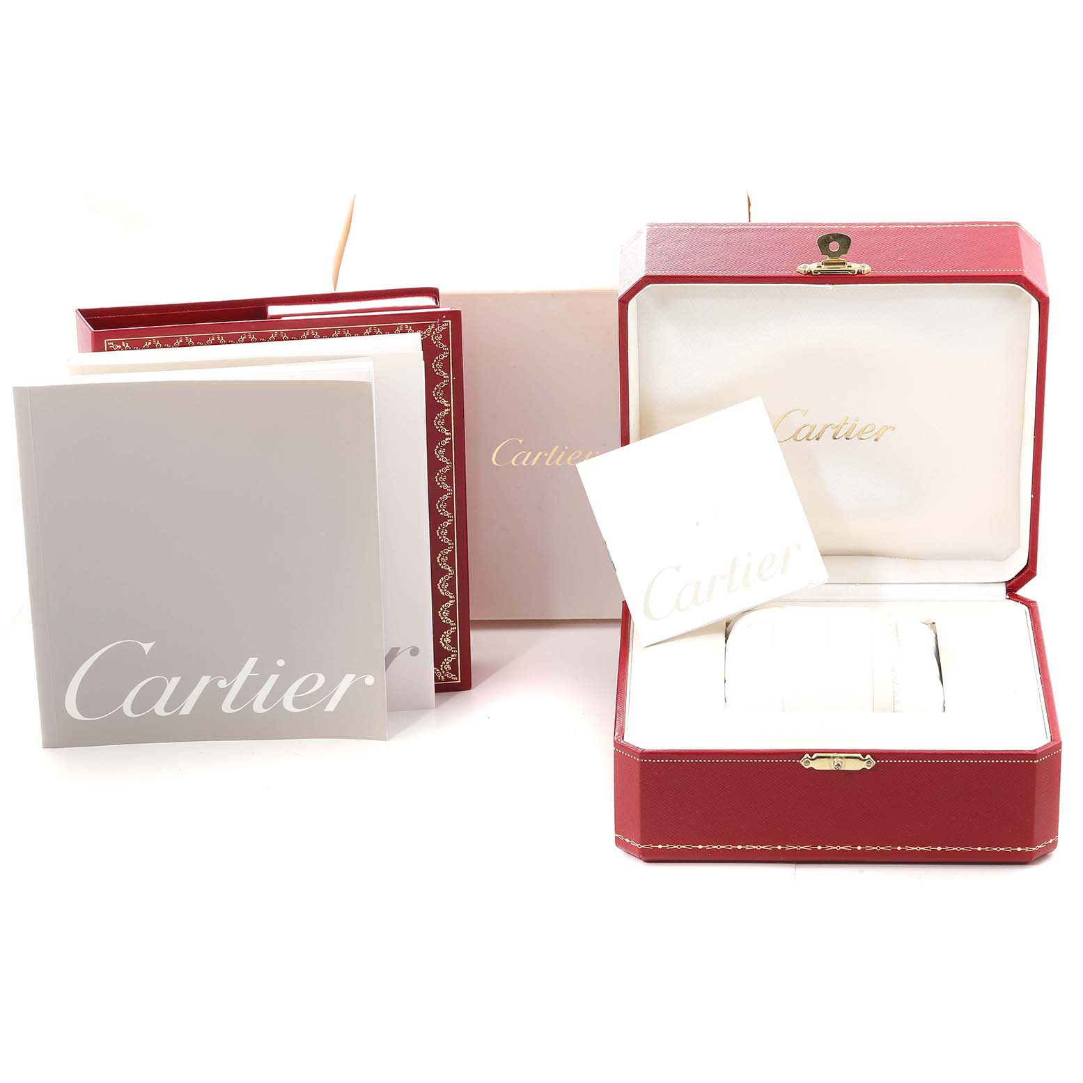 The image shows the packaging and documentation for the Cartier Tank Francaise W51008Q3 Women
s Stainless Steel Silver Dial W51008Q3 Women
s Stainless Steel Silver Dial watch, including the outer box, inner box, and manuals.