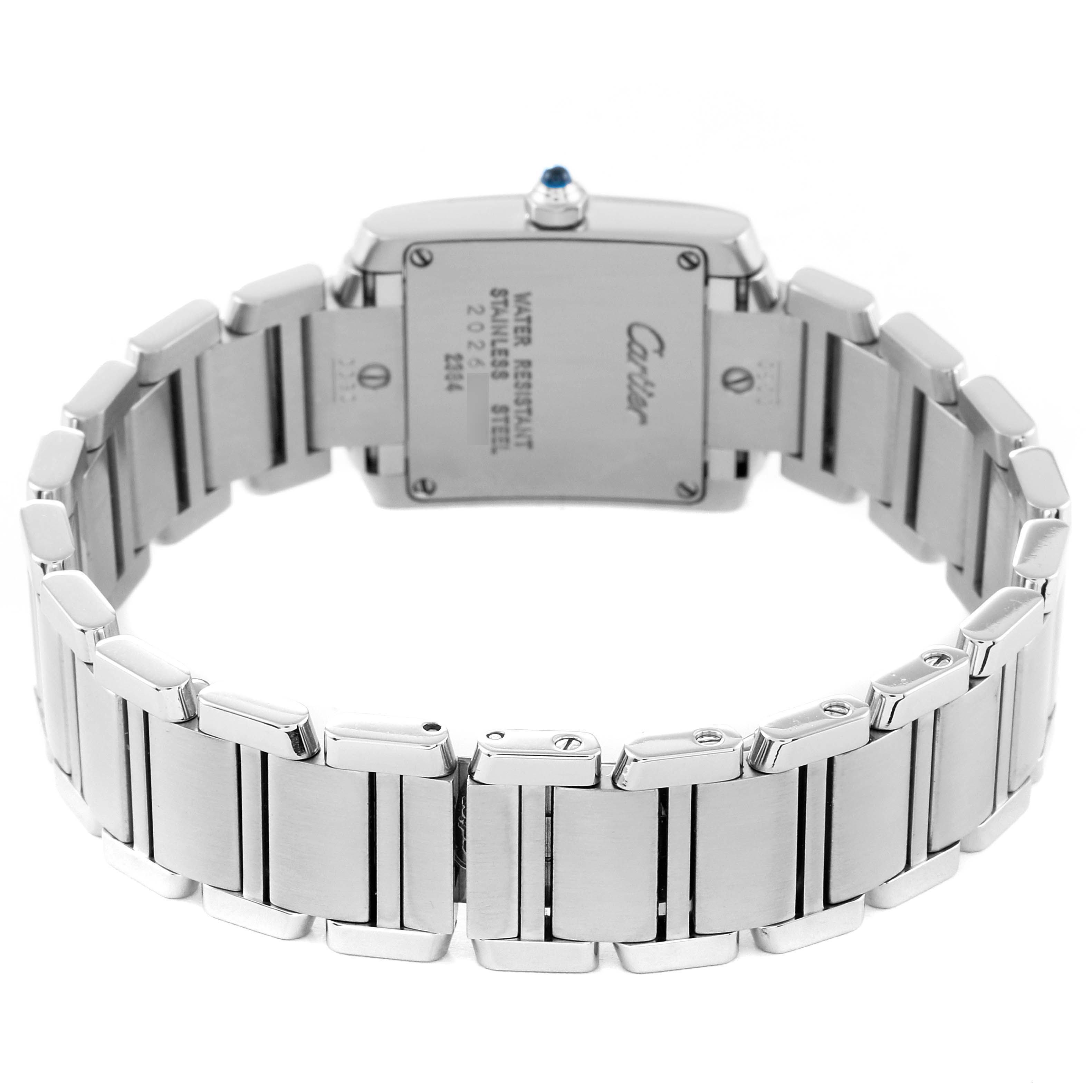 The image shows the back view of a Tank Francaise watch by Cartier, highlighting the stainless steel bracelet and case back.