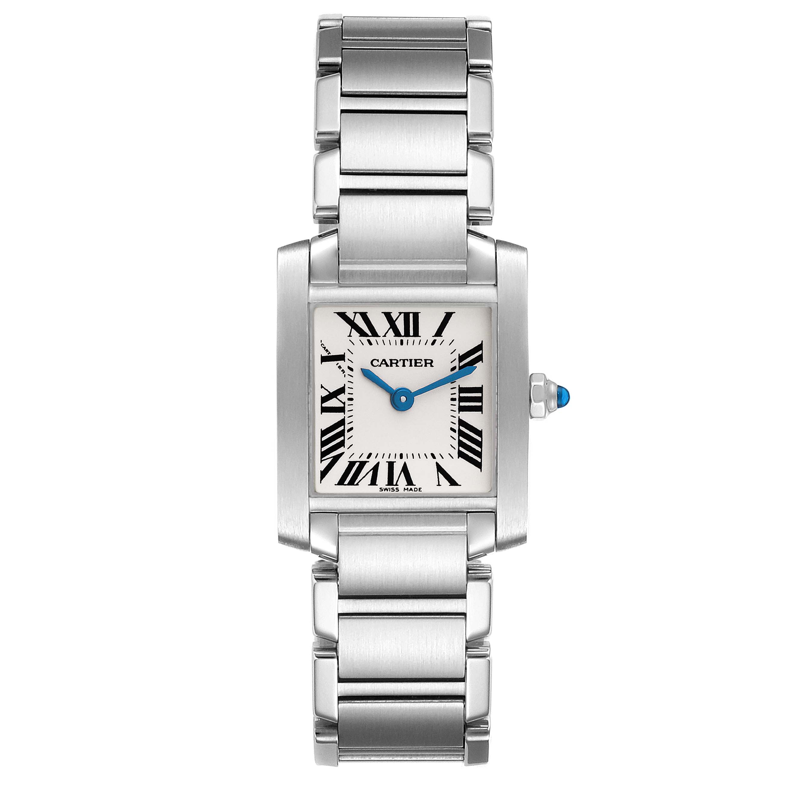 The Cartier Tank Francaise W51008Q3 Women
s Stainless Steel Silver Dial W51008Q3 Women
s Stainless Steel Silver Dial watch is shown from a top-down view, highlighting its face, bezel, and metal bracelet.