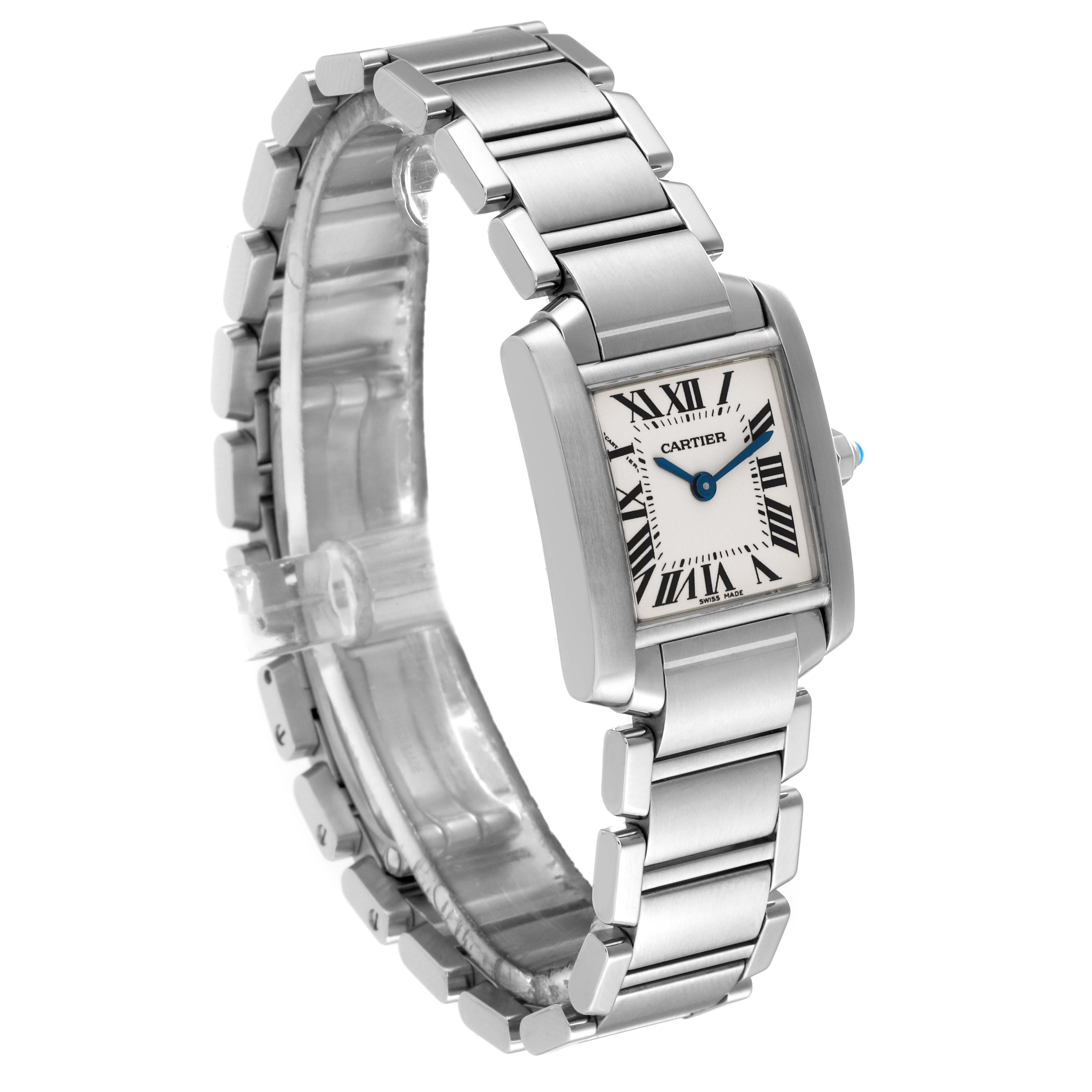 The image shows a Cartier Tank Francaise W51008Q3 Women
s Stainless Steel Silver Dial W51008Q3 Women
s Stainless Steel Silver Dial watch from an angled side view, displaying its rectangular face and linked bracelet.
