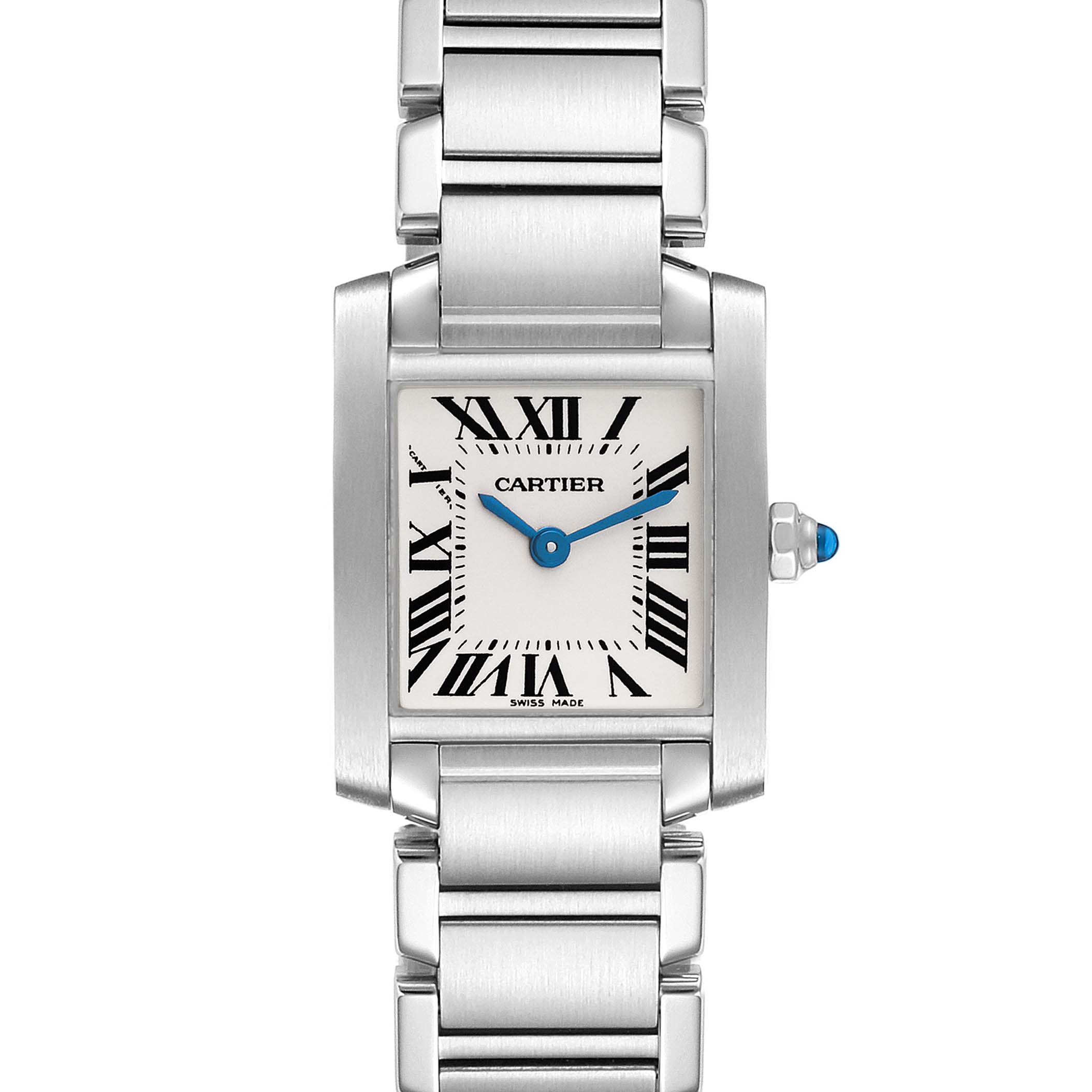 This image shows a front view of the Cartier Tank Francaise W51008Q3 Women
s Stainless Steel Silver Dial W51008Q3 Women
s Stainless Steel Silver Dial watch, displaying its face, case, and bracelet.