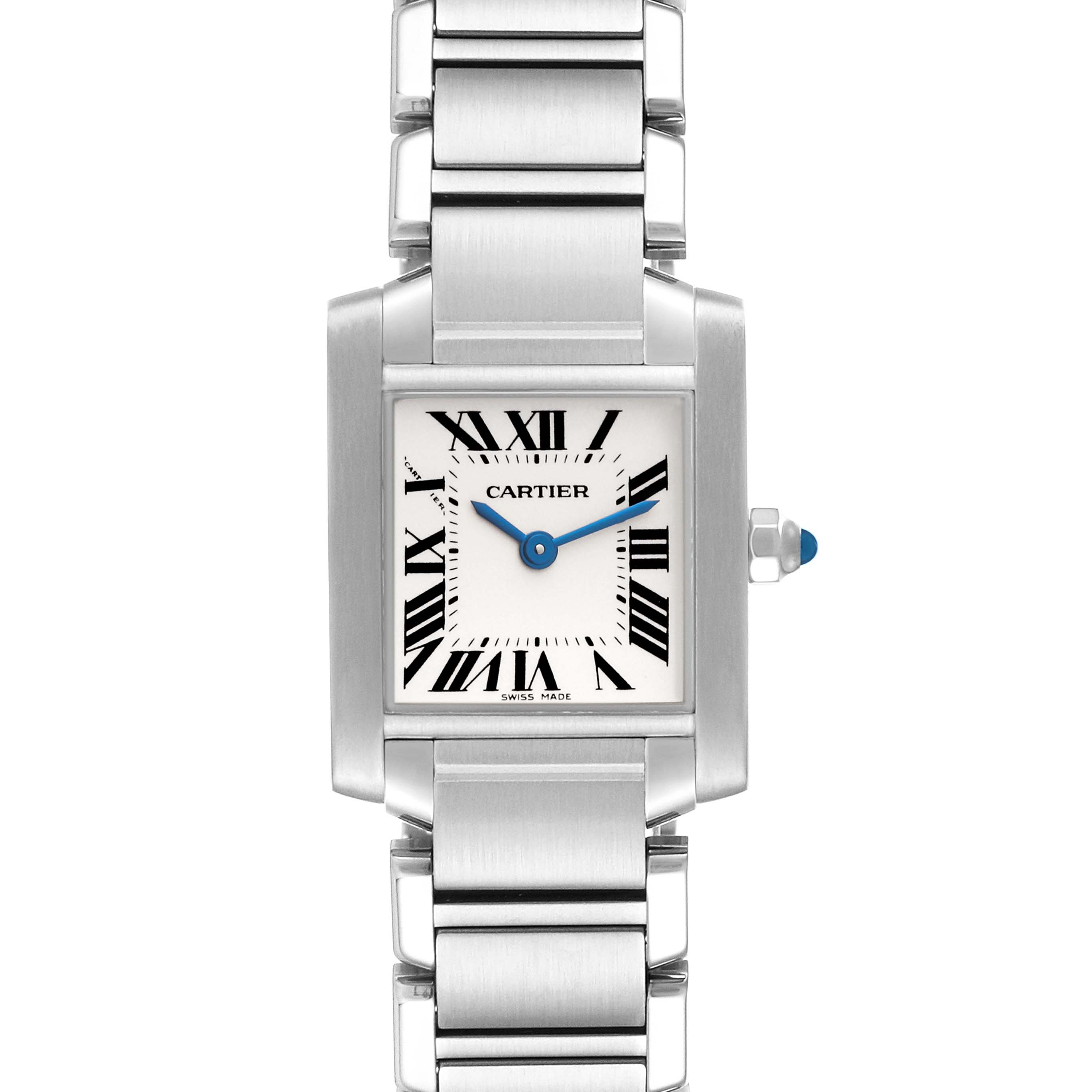 The image shows a frontal view of a Cartier Tank Francaise W51008Q3 Women's Stainless Steel White Dial W51008Q3 Women's Stainless Steel White Dial watch with its face, bracelet, and crown visible.