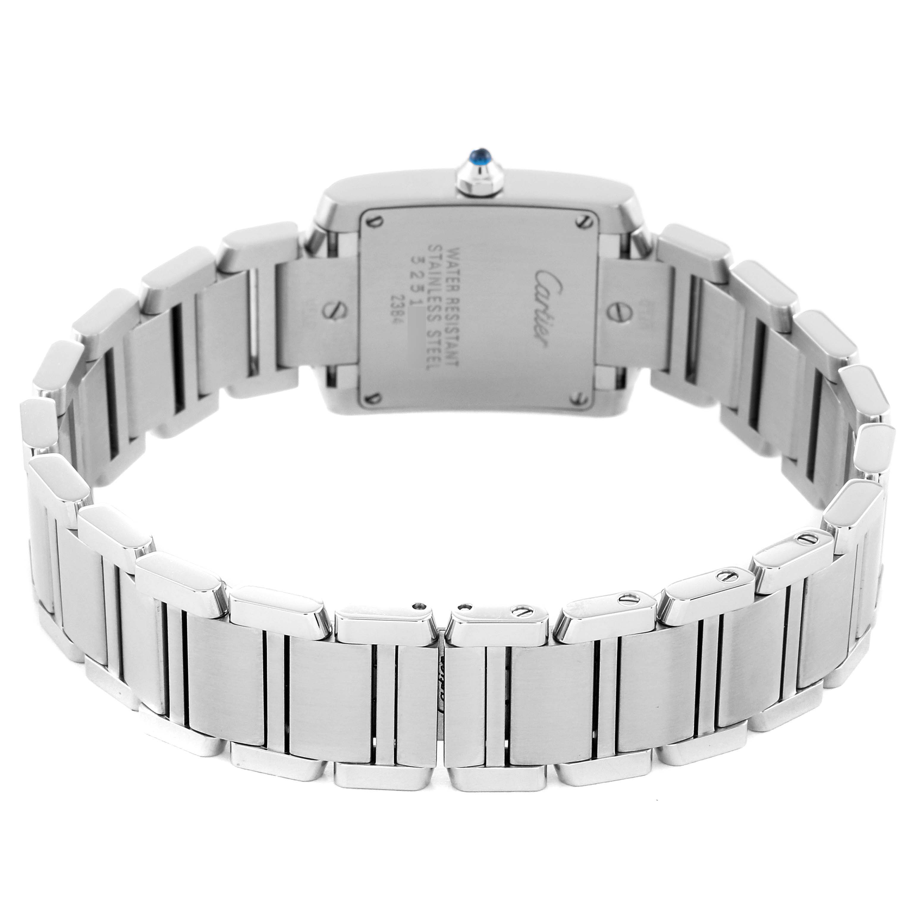 The Tank Française model by Cartier is shown from the back, highlighting the case back and stainless steel bracelet.
