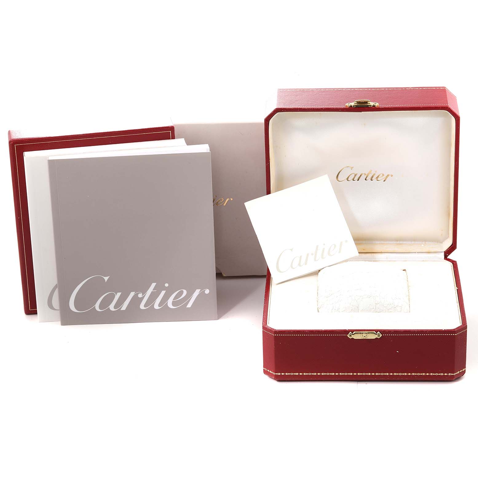 The image shows the packaging, including the box and manuals, for a Cartier Tank Francaise W51008Q3 Women's Stainless Steel White Dial W51008Q3 Women's Stainless Steel White Dial watch.