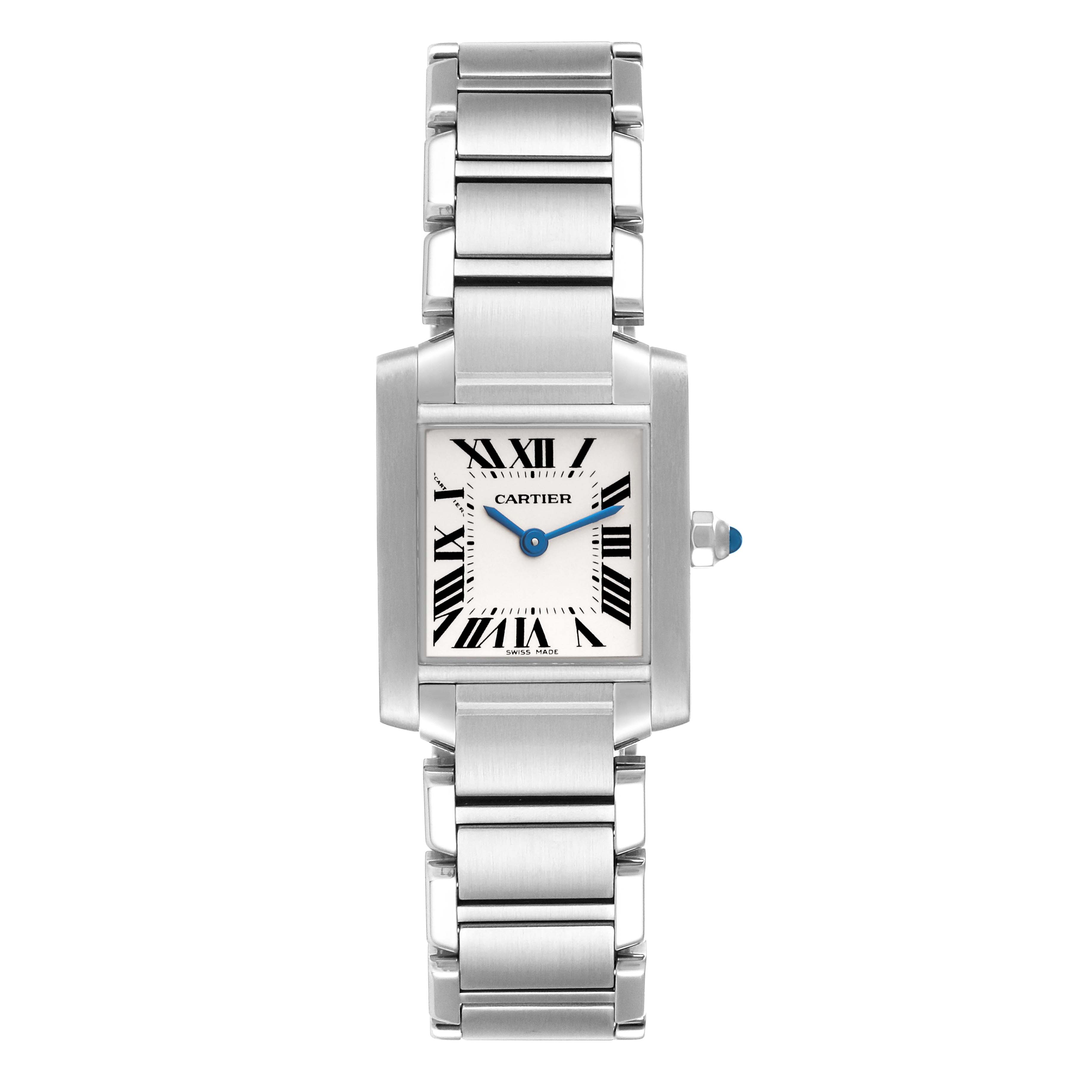 This image shows a front view of the Cartier Tank Francaise W51008Q3 Women's Stainless Steel White Dial W51008Q3 Women's Stainless Steel White Dial watch, displaying its face, bracelet, and crown.