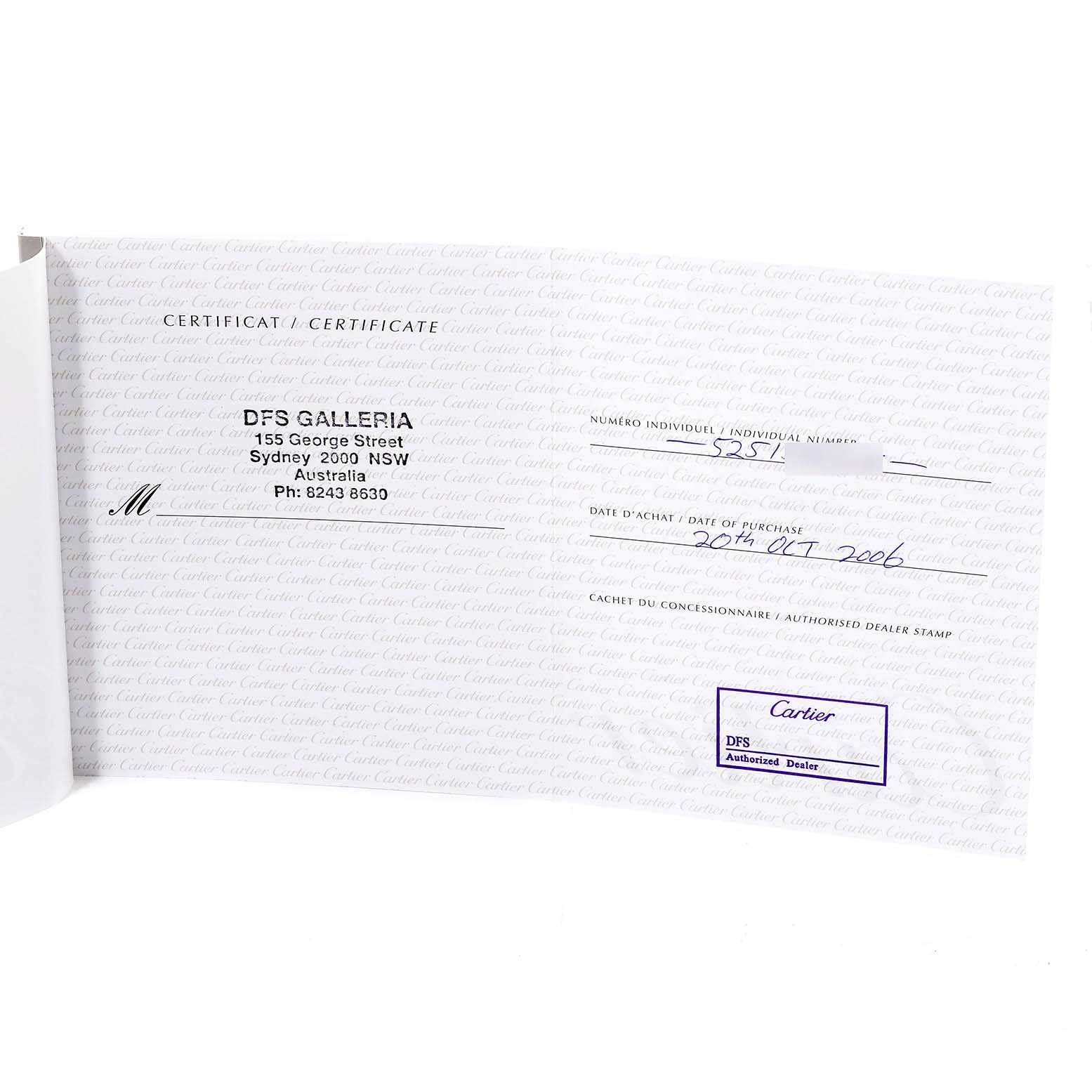 This image shows the certificate of authenticity for the Tank Francaise model by Cartier.