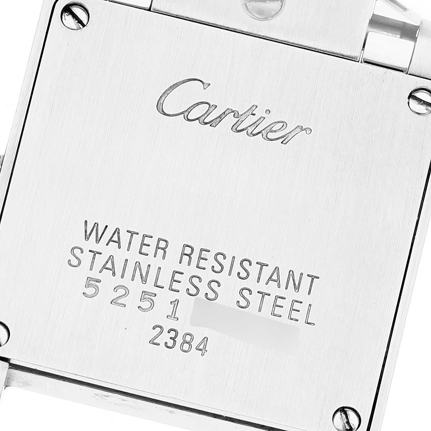 The image shows the stainless steel back case of a Cartier Tank Francaise W51008Q3 Women's Stainless Steel White Dial W51008Q3 Women's Stainless Steel White Dial watch, indicating water resistance and model information.