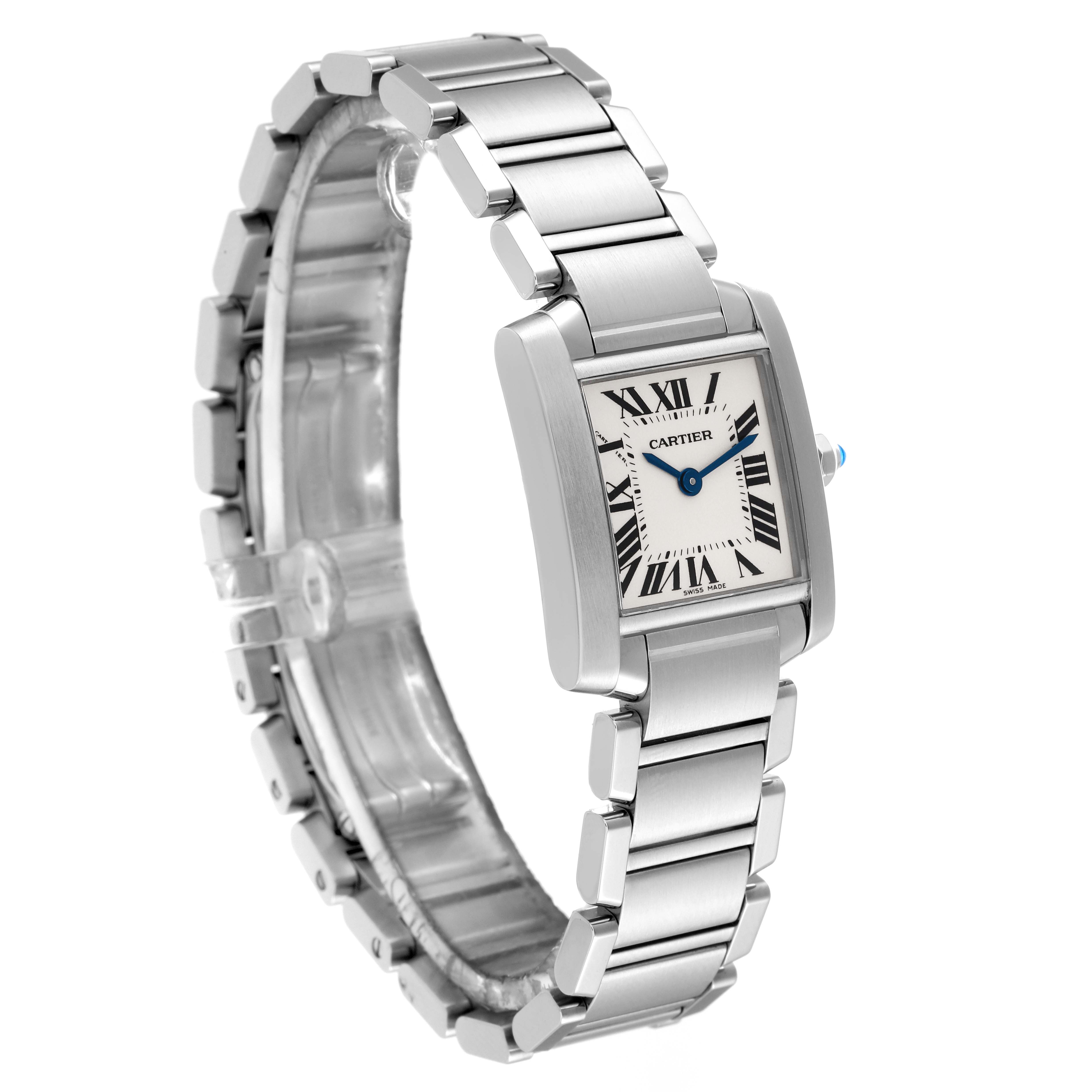 The image shows a Cartier Tank Francaise W51008Q3 Women's Stainless Steel White Dial W51008Q3 Women's Stainless Steel White Dial watch angled to display its face, bracelet, and side profile.