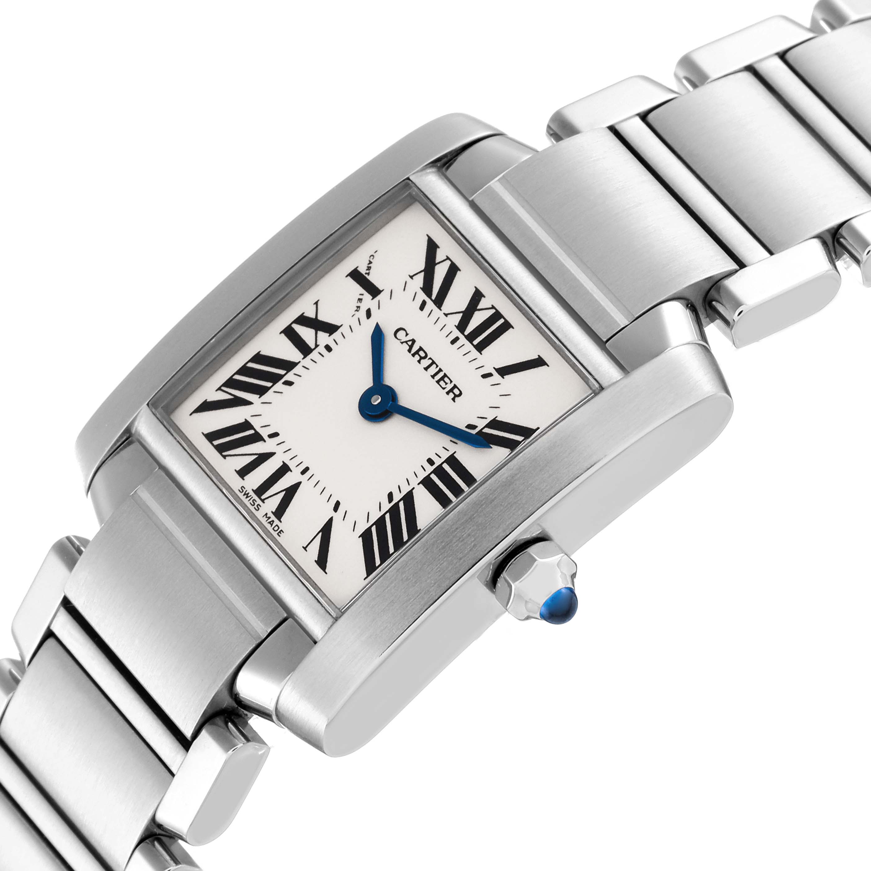 The image shows a close-up of the Cartier Tank Francaise W51008Q3 Women's Stainless Steel White Dial W51008Q3 Women's Stainless Steel White Dial watch, highlighting its dial, case, and bracelet from an oblique angle.