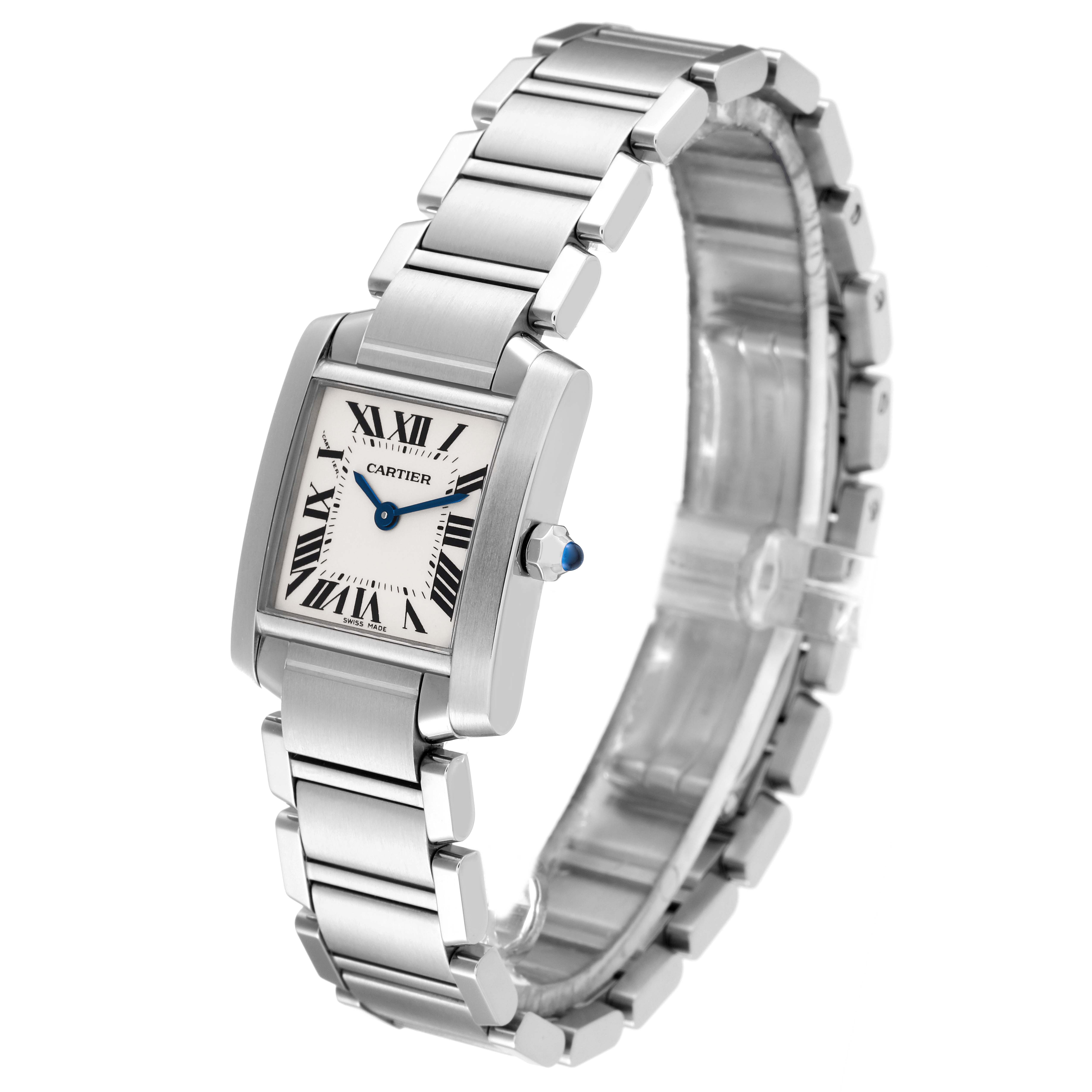 The image shows a Cartier Tank Francaise W51008Q3 Women's Stainless Steel White Dial W51008Q3 Women's Stainless Steel White Dial watch angled to display its face, crown, and stainless steel bracelet.