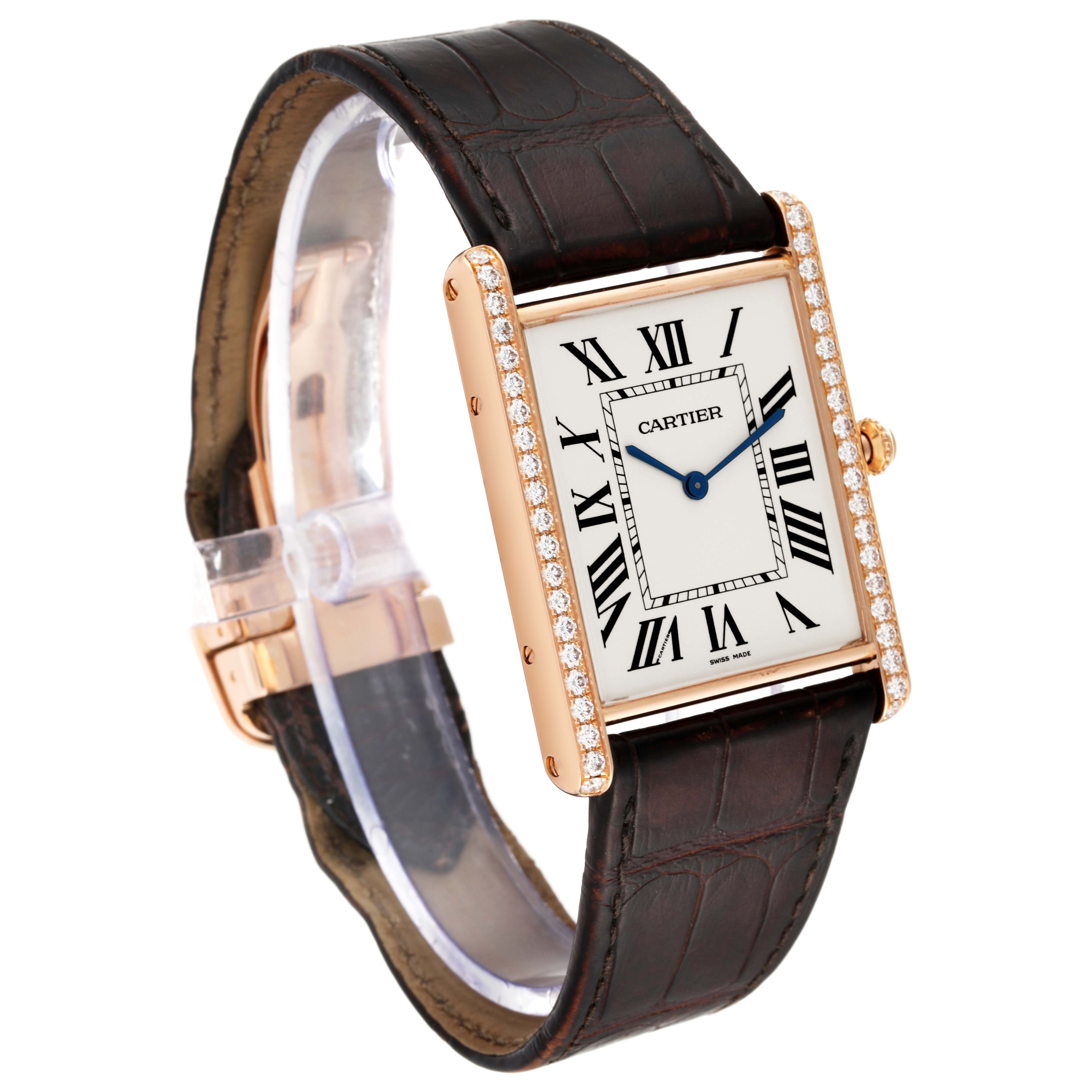 The image shows a Cartier Tank Louis WT200005 Men's Rose Gold Silver Dial WT200005 Men's Rose Gold Silver Dial watch at a slight angle, highlighting the rectangular dial, Roman numerals, and leather strap.