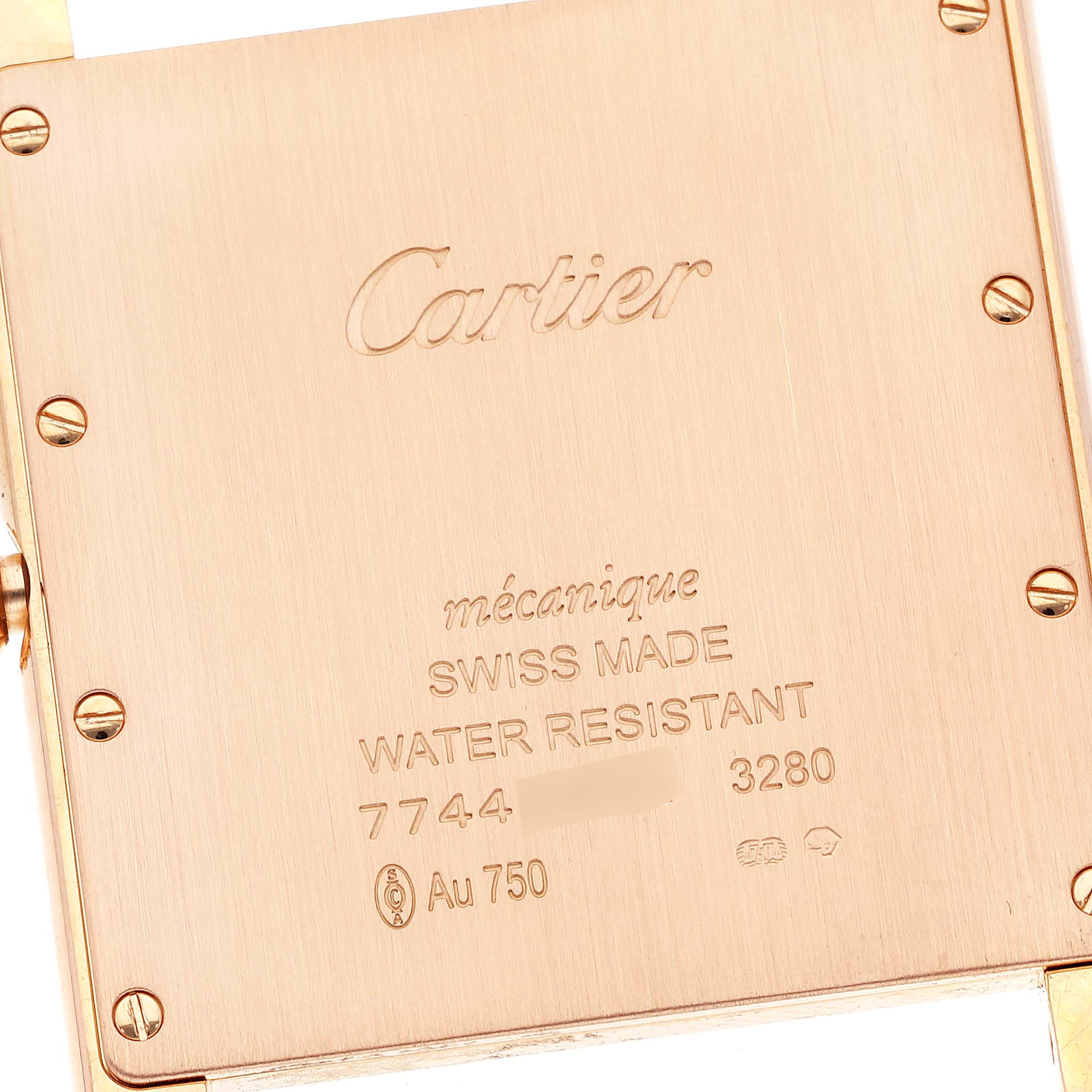 This image shows the back of a Cartier Tank Louis WT200005 Men's Rose Gold Silver Dial WT200005 Men's Rose Gold Silver Dial watch, detailing information and engravings.