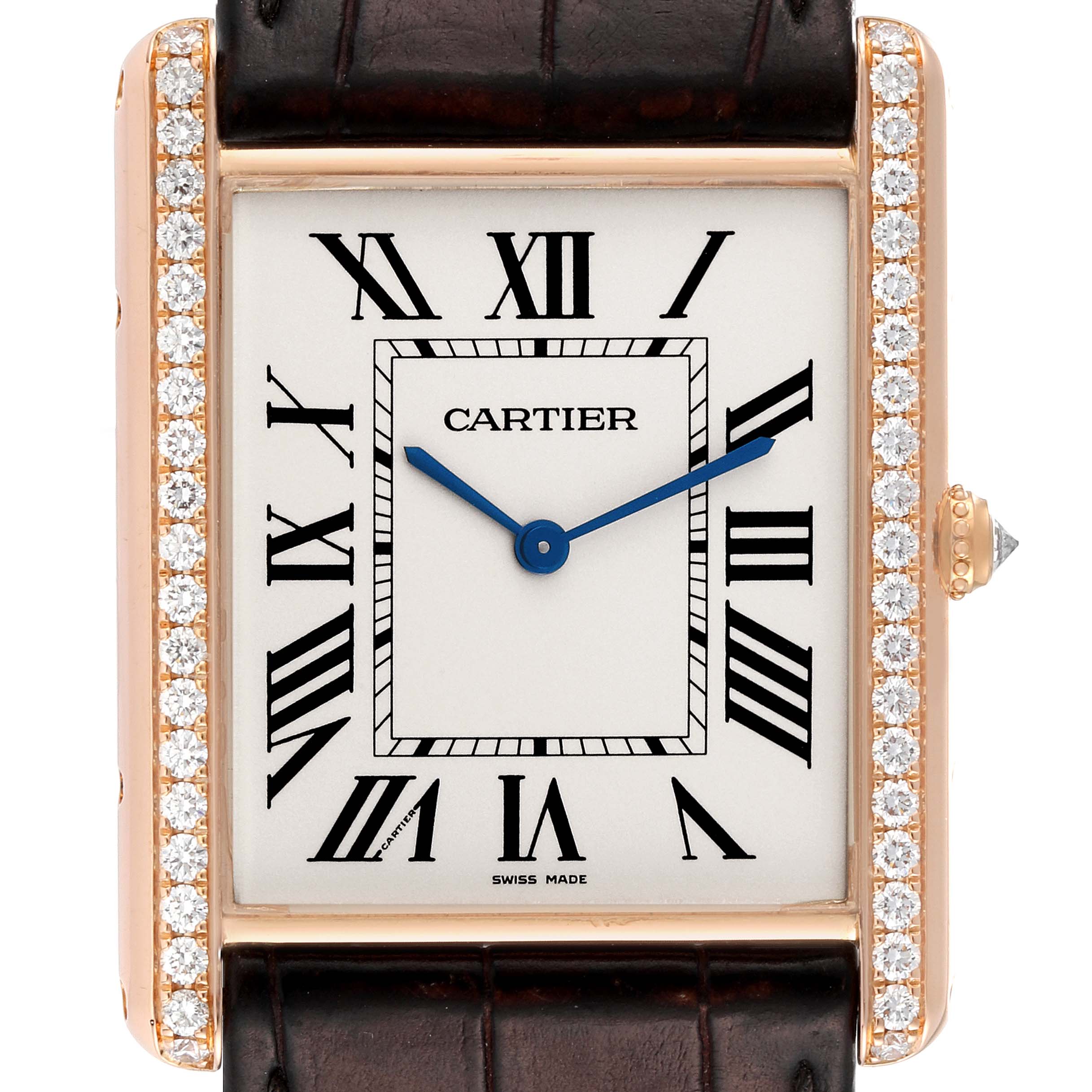 This image shows a close-up of the Cartier Tank Louis WT200005 Men's Rose Gold Silver Dial WT200005 Men's Rose Gold Silver Dial watch face with Roman numerals, diamond-studded bezel, and leather strap.