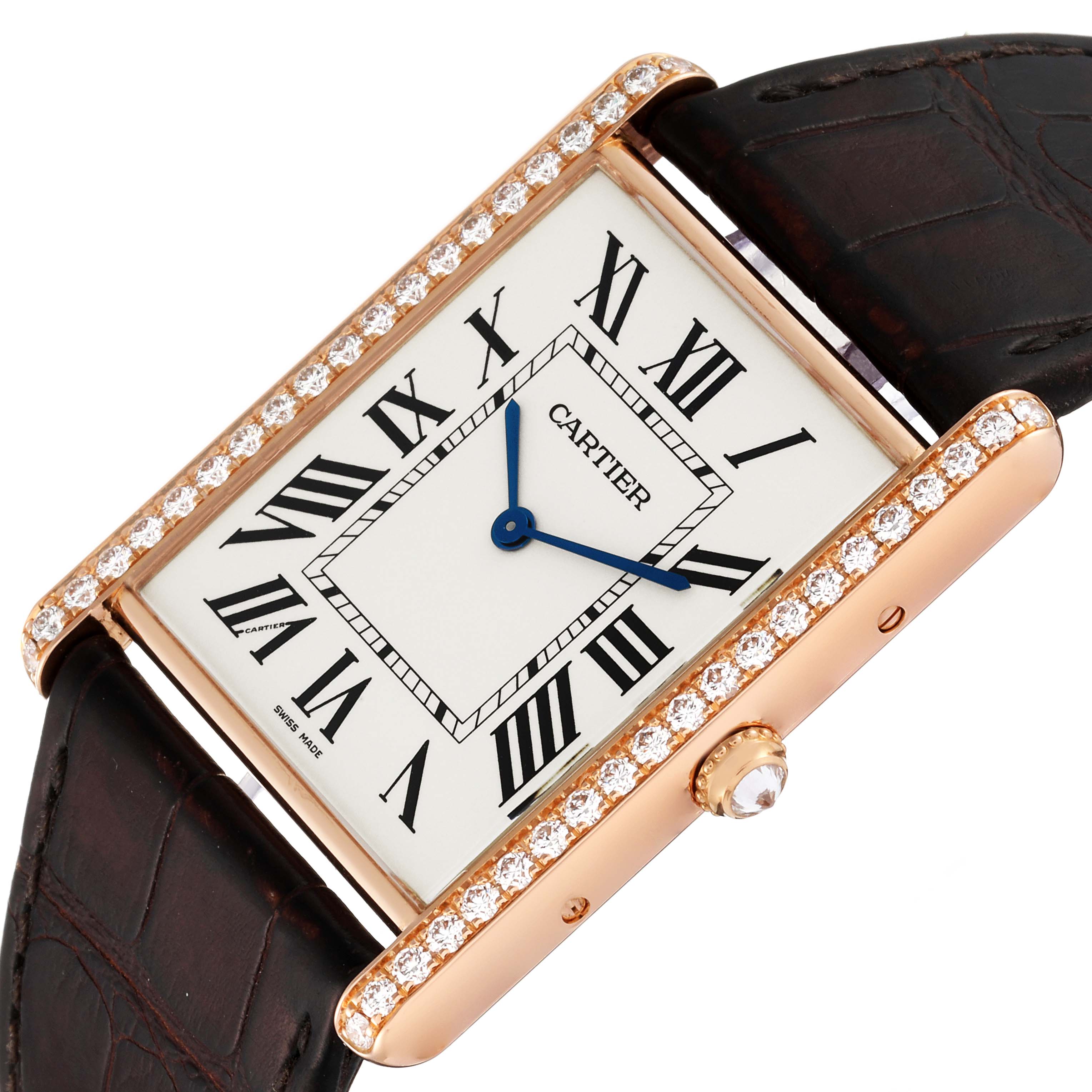 The Cartier Tank Louis WT200005 Men's Rose Gold Silver Dial WT200005 Men's Rose Gold Silver Dial model is shown at a slight angle, highlighting the face, bezel, and strap.