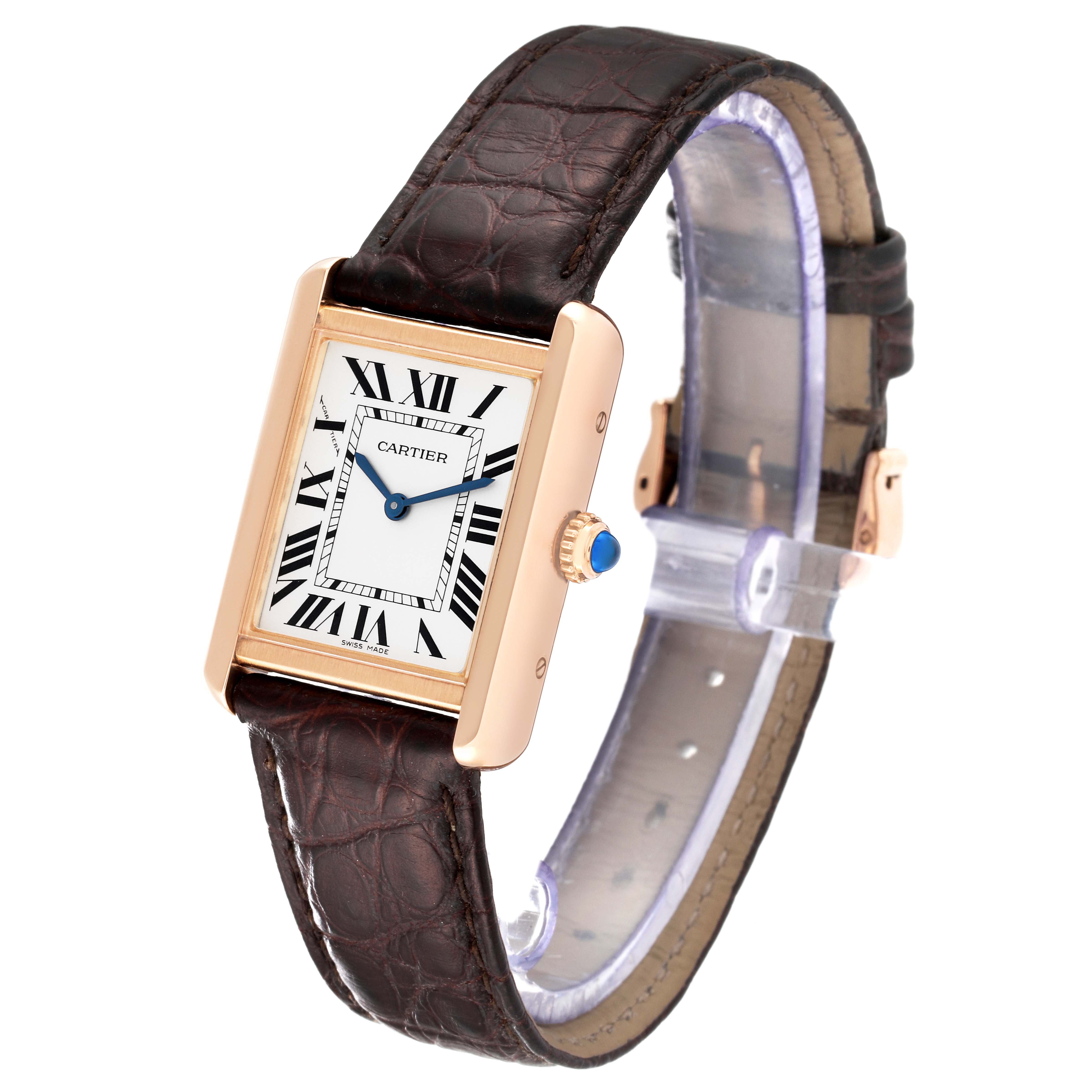 The Cartier Tank Solo W5200024 Women
s Steel and Gold (two tone) Silver Dial W5200024 Women
s Steel and Gold (two tone) Silver Dial watch is shown at a slight angle, displaying the face, case, and leather strap.