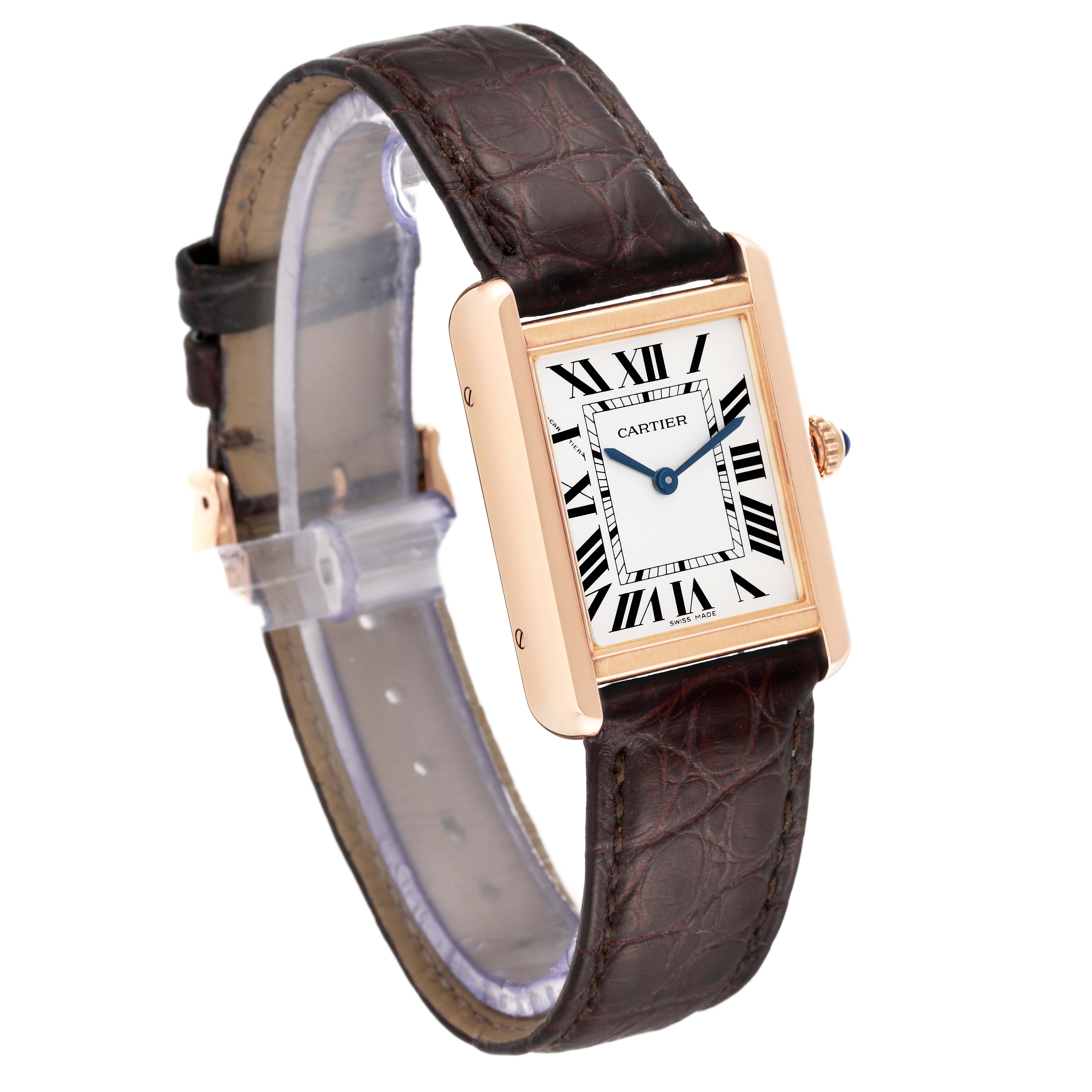 The image shows a Cartier Tank Solo W5200024 Women
s Steel and Gold (two tone) Silver Dial W5200024 Women
s Steel and Gold (two tone) Silver Dial watch from an angled perspective, highlighting the face, case, and brown leather strap.