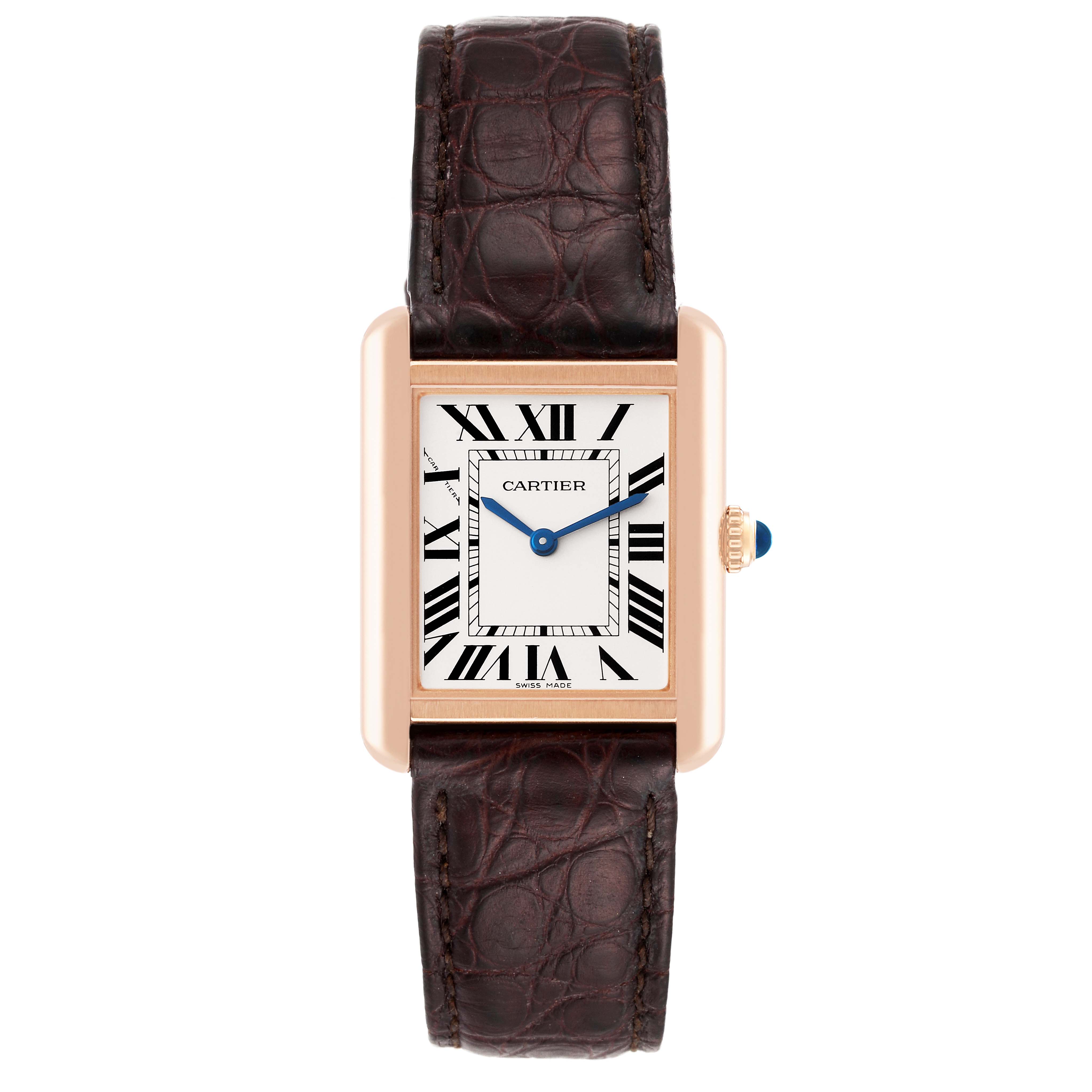 This Cartier Tank Solo W5200024 Women
s Steel and Gold (two tone) Silver Dial W5200024 Women
s Steel and Gold (two tone) Silver Dial watch is shown from the front, displaying its dial, Roman numerals, hands, and leather strap.