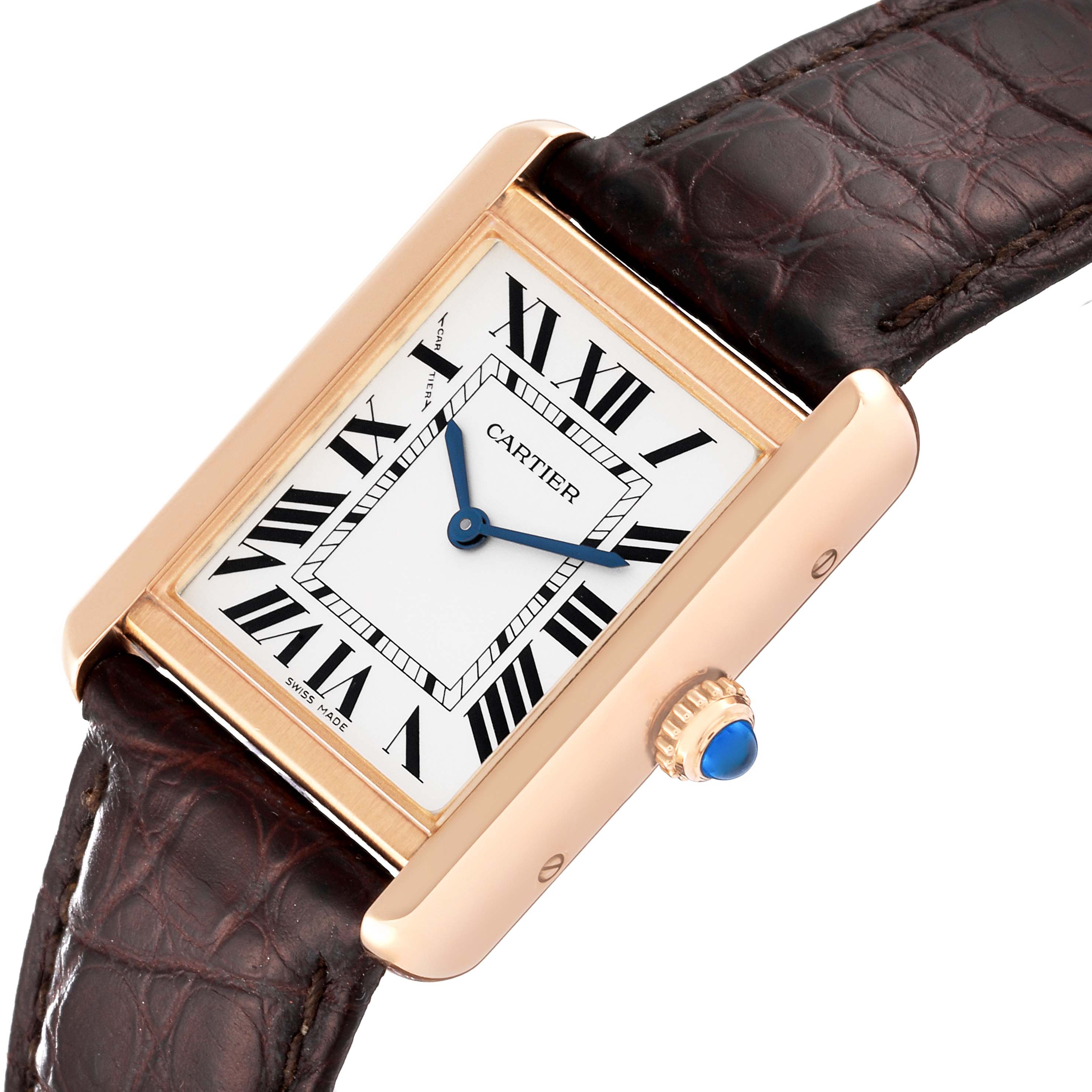 The image shows a Cartier Tank Solo W5200024 Women
s Steel and Gold (two tone) Silver Dial W5200024 Women
s Steel and Gold (two tone) Silver Dial watch face and part of the leather strap at a slight angle.