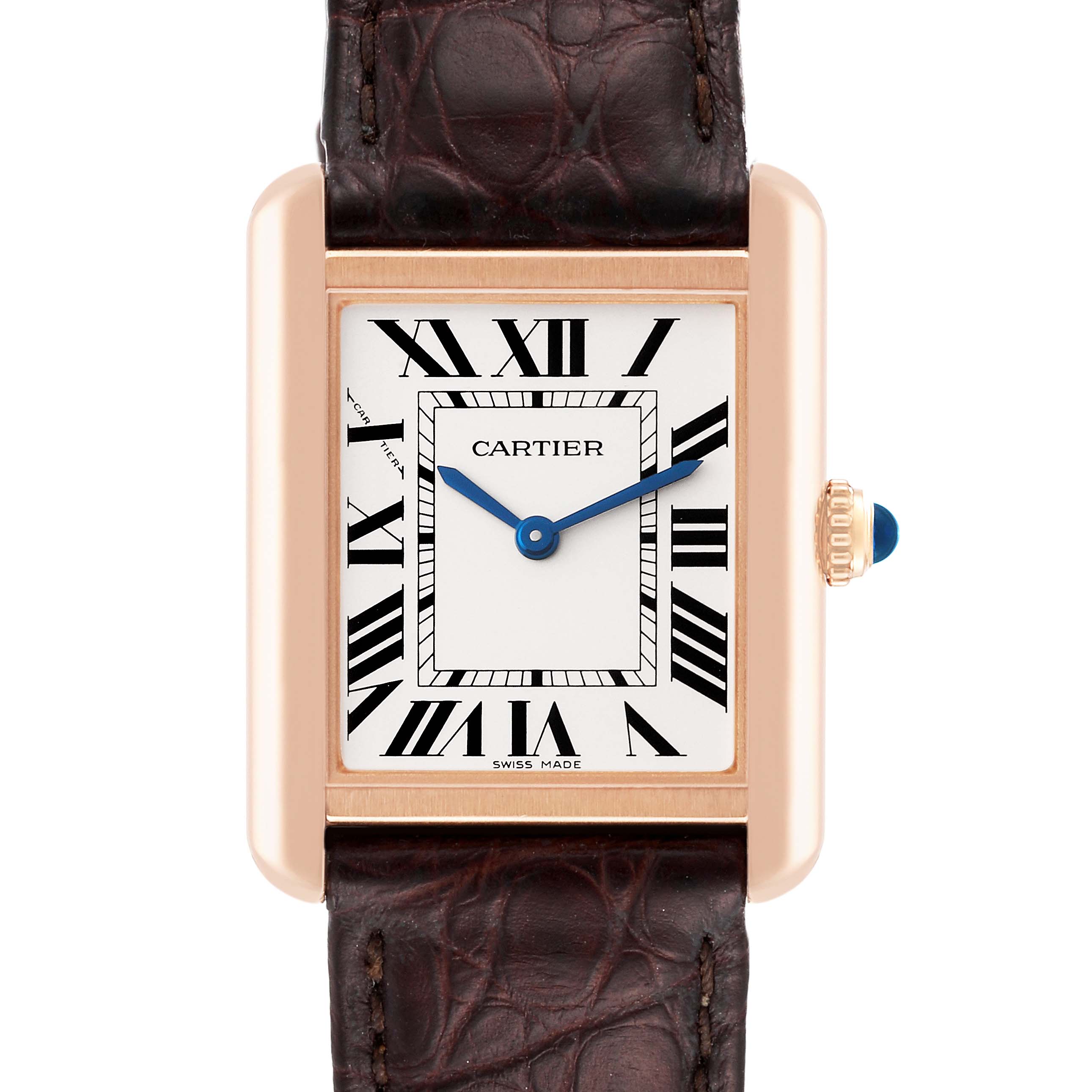 This image shows a Cartier Tank Solo W5200024 Women
s Steel and Gold (two tone) Silver Dial W5200024 Women
s Steel and Gold (two tone) Silver Dial watch face-on, displaying its Roman numeral dial, blue hands, and brown leather strap.