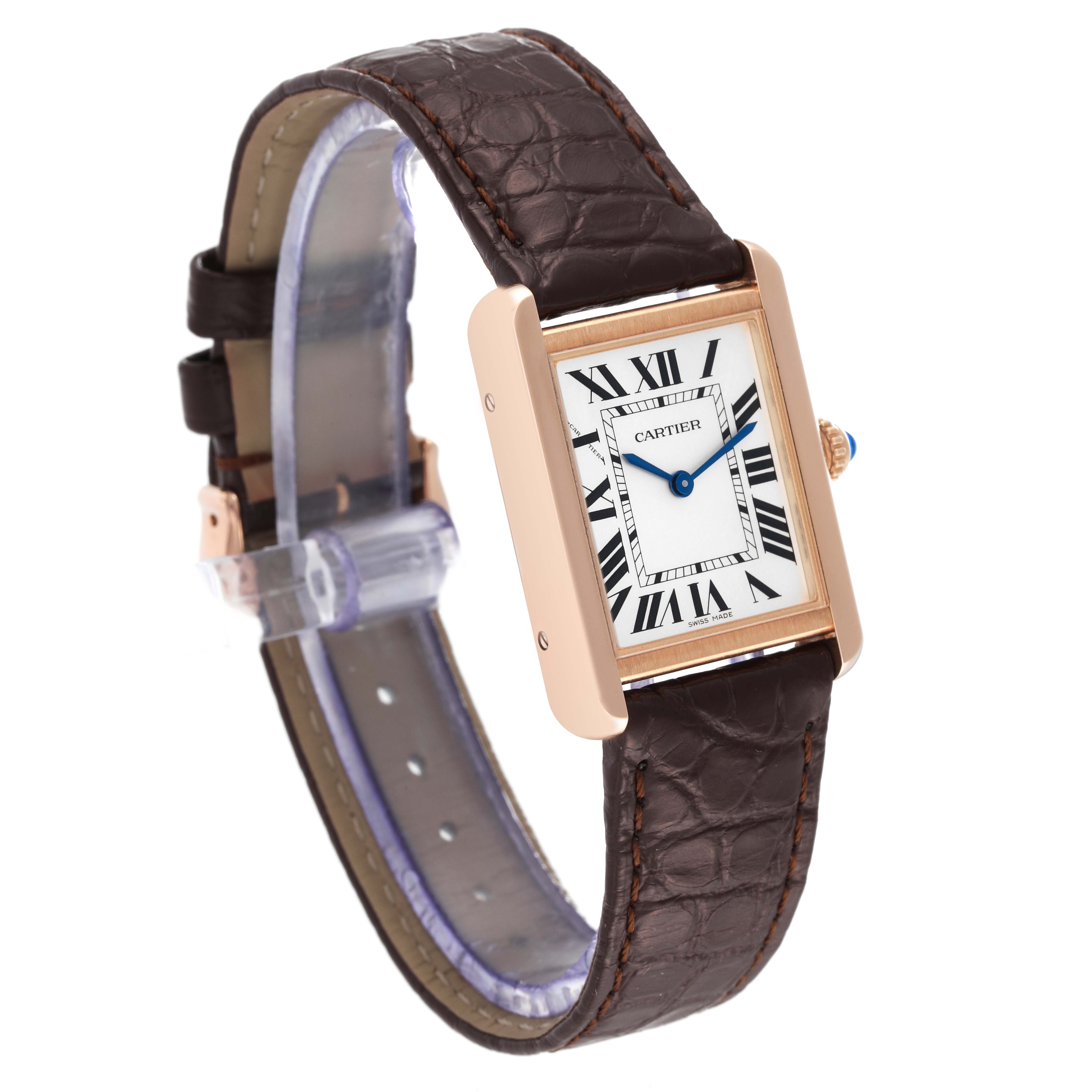 The image shows a Cartier Tank Solo W5200024 Women
s Steel and Gold (two tone) Silver Dial W5200024 Women
s Steel and Gold (two tone) Silver Dial watch at a three-quarter angle, displaying its face, case, and brown leather strap.