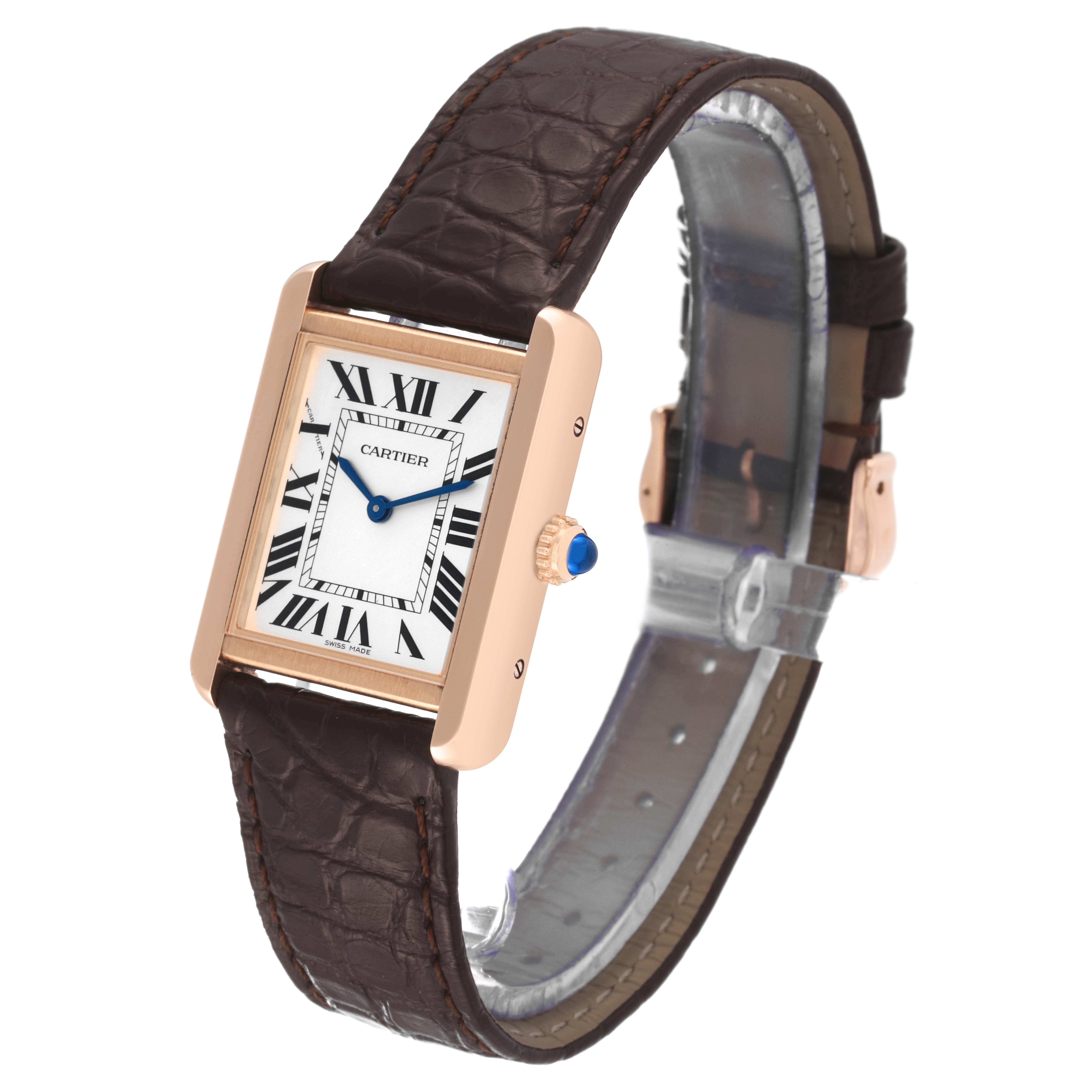 The Cartier Tank Solo W5200024 Women
s Steel and Gold (two tone) Silver Dial W5200024 Women
s Steel and Gold (two tone) Silver Dial watch is shown at a three-quarter angle highlighting the face, crown, and brown leather strap.